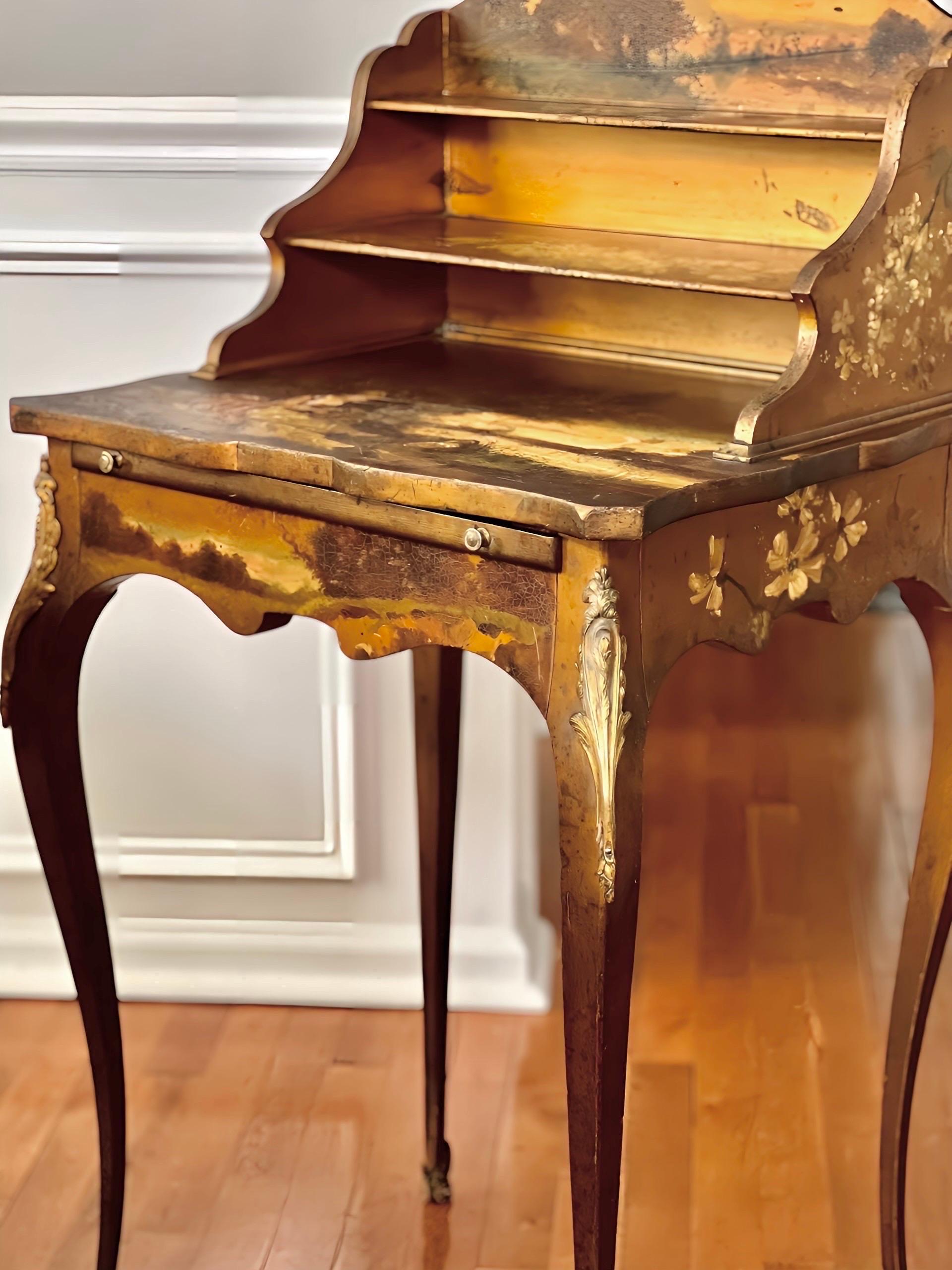 French Bonheur-Du-Jour Ladies Writing Desk, Hand-Painted, Artist Signed, c. 1880 For Sale 4