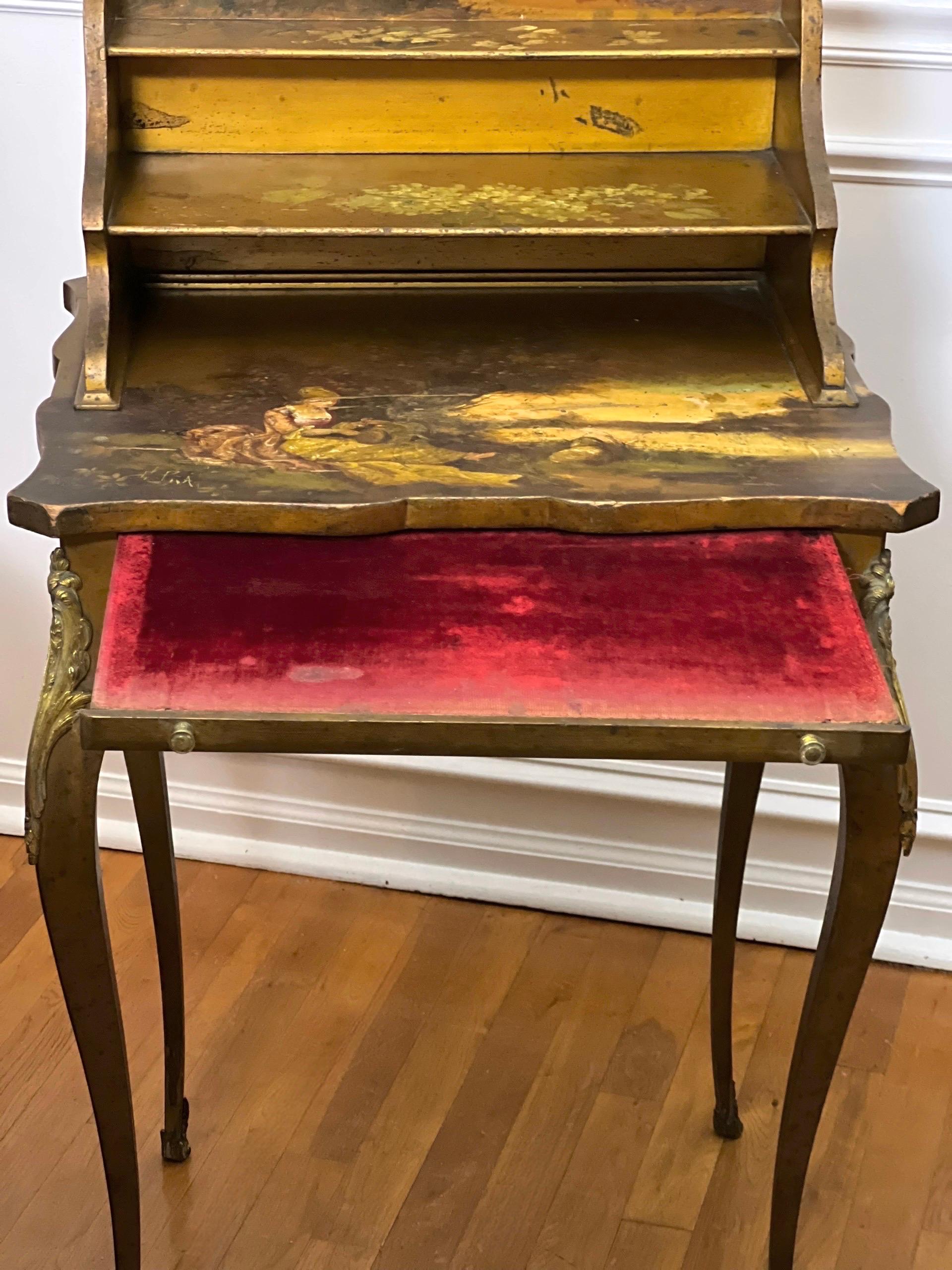 French Bonheur-Du-Jour Ladies Writing Desk, Hand-Painted, Artist Signed, c. 1880 For Sale 5