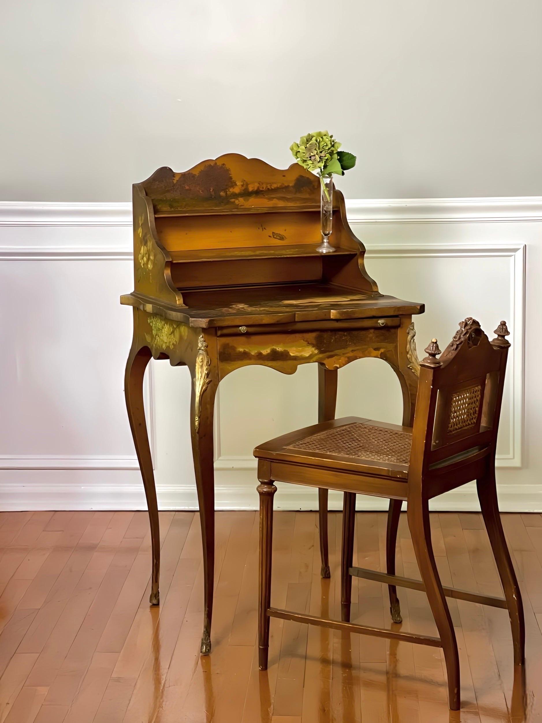French Bonheur-Du-Jour Ladies Writing Desk, Hand-Painted, Artist Signed, c. 1880 For Sale 12