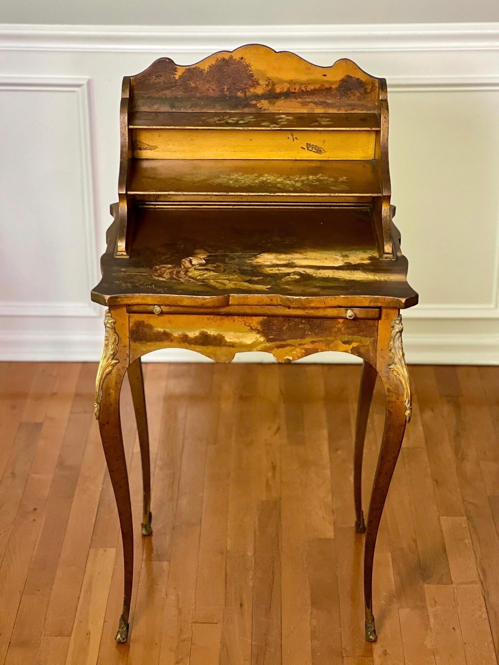 Louis XV French Bonheur-Du-Jour Ladies Writing Desk, Hand-Painted, Artist Signed, c. 1880 For Sale