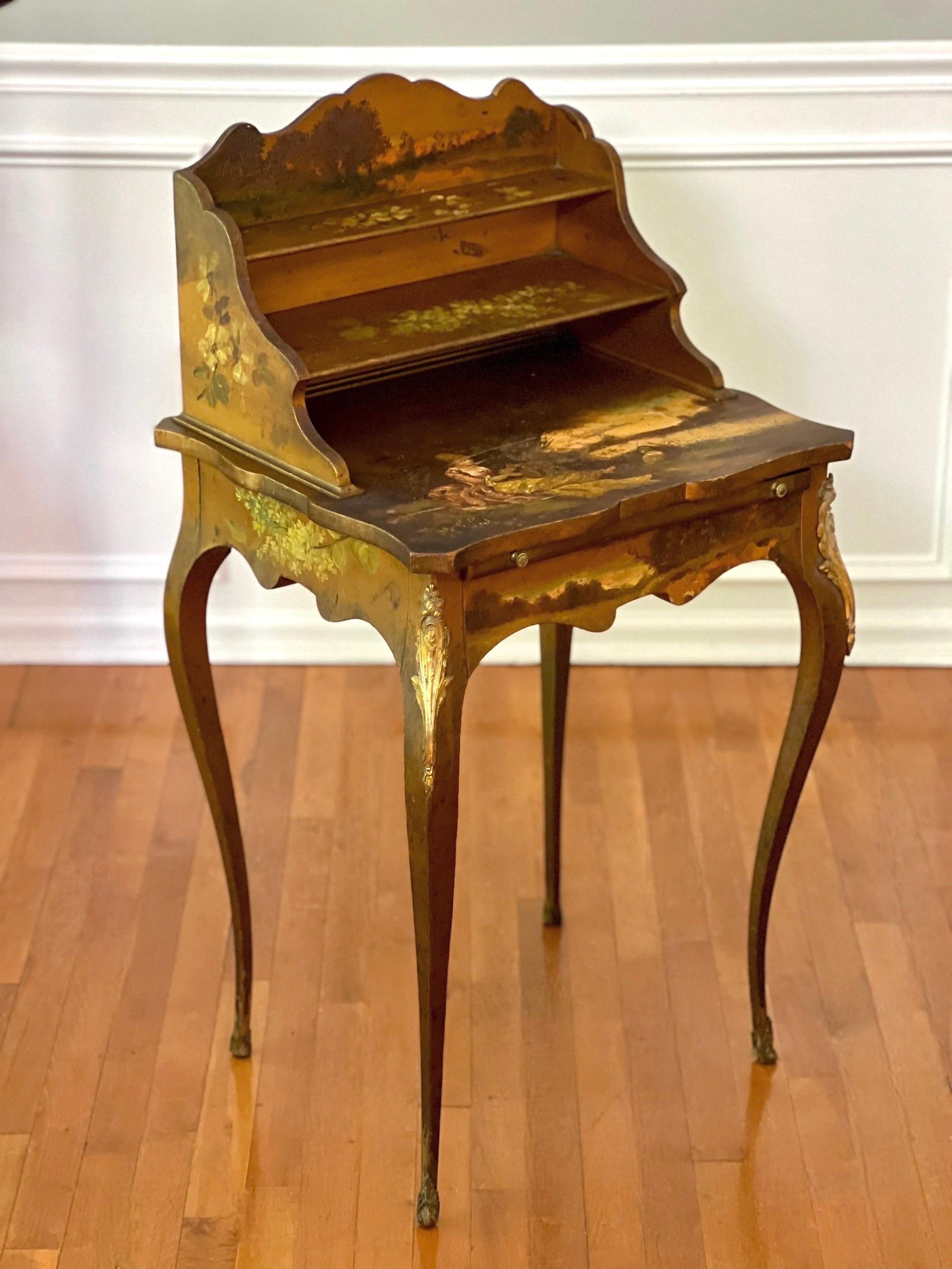 French Bonheur-Du-Jour Ladies Writing Desk, Hand-Painted, Artist Signed, c. 1880 In Good Condition For Sale In Doylestown, PA