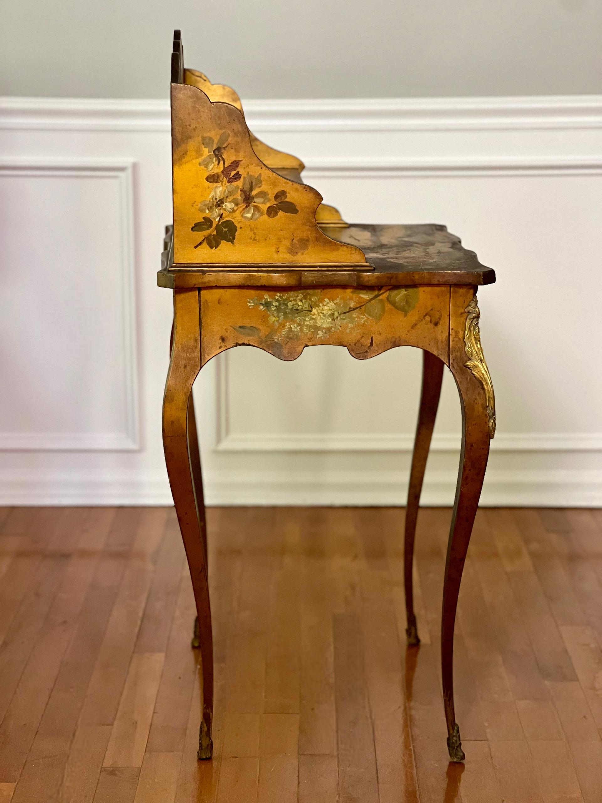 19th Century French Bonheur-Du-Jour Ladies Writing Desk, Hand-Painted, Artist Signed, c. 1880 For Sale