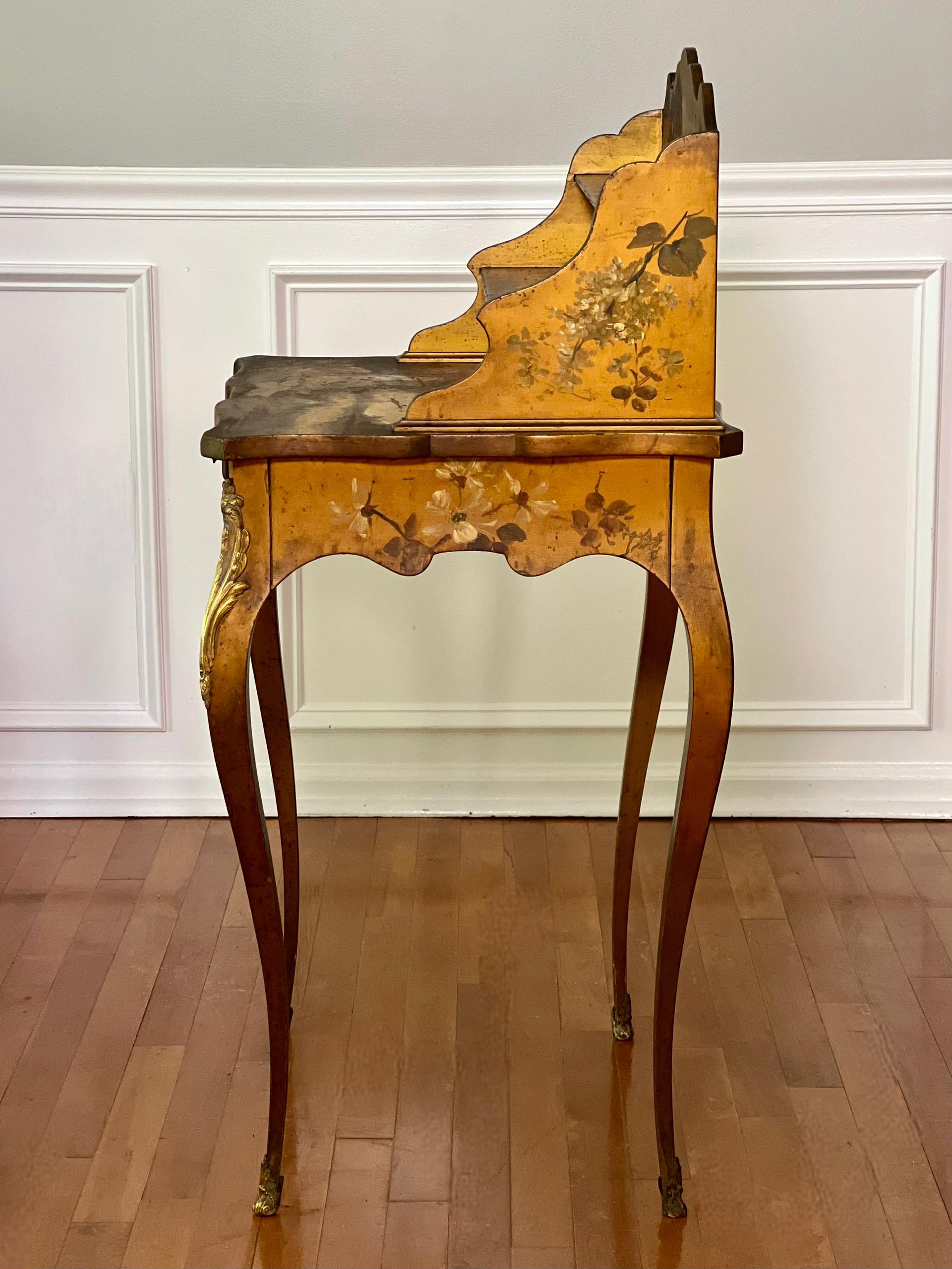 Ormolu French Bonheur-Du-Jour Ladies Writing Desk, Hand-Painted, Artist Signed, c. 1880 For Sale