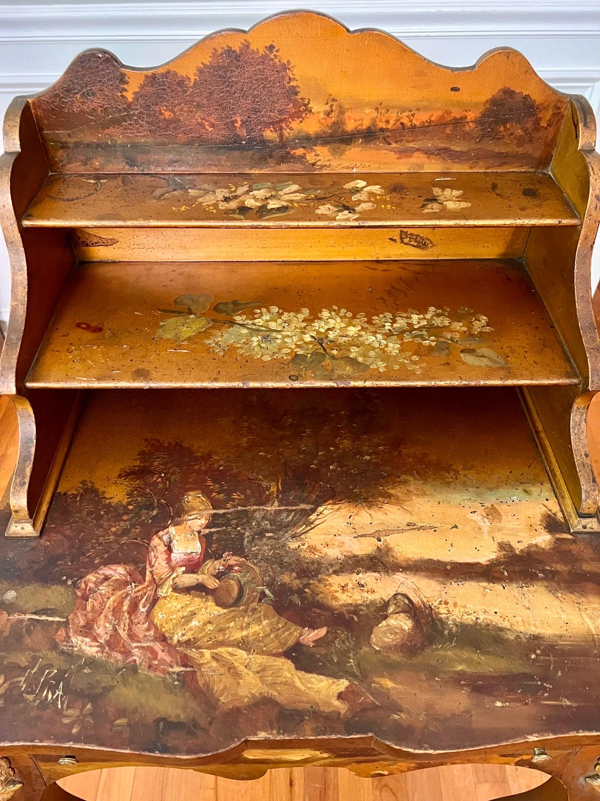 French Bonheur-Du-Jour Ladies Writing Desk, Hand-Painted, Artist Signed, c. 1880 For Sale 2