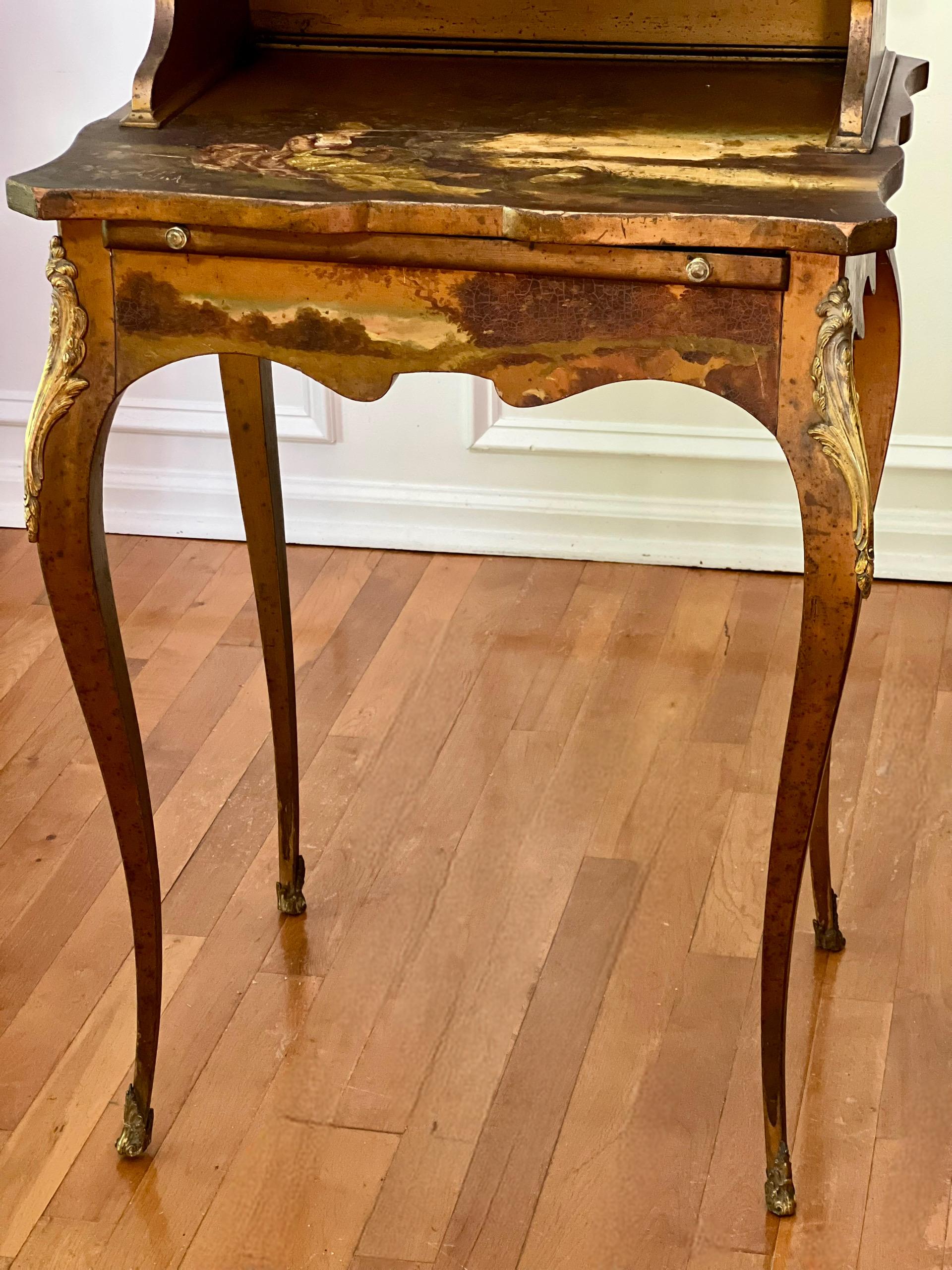 French Bonheur-Du-Jour Ladies Writing Desk, Hand-Painted, Artist Signed, c. 1880 For Sale 3