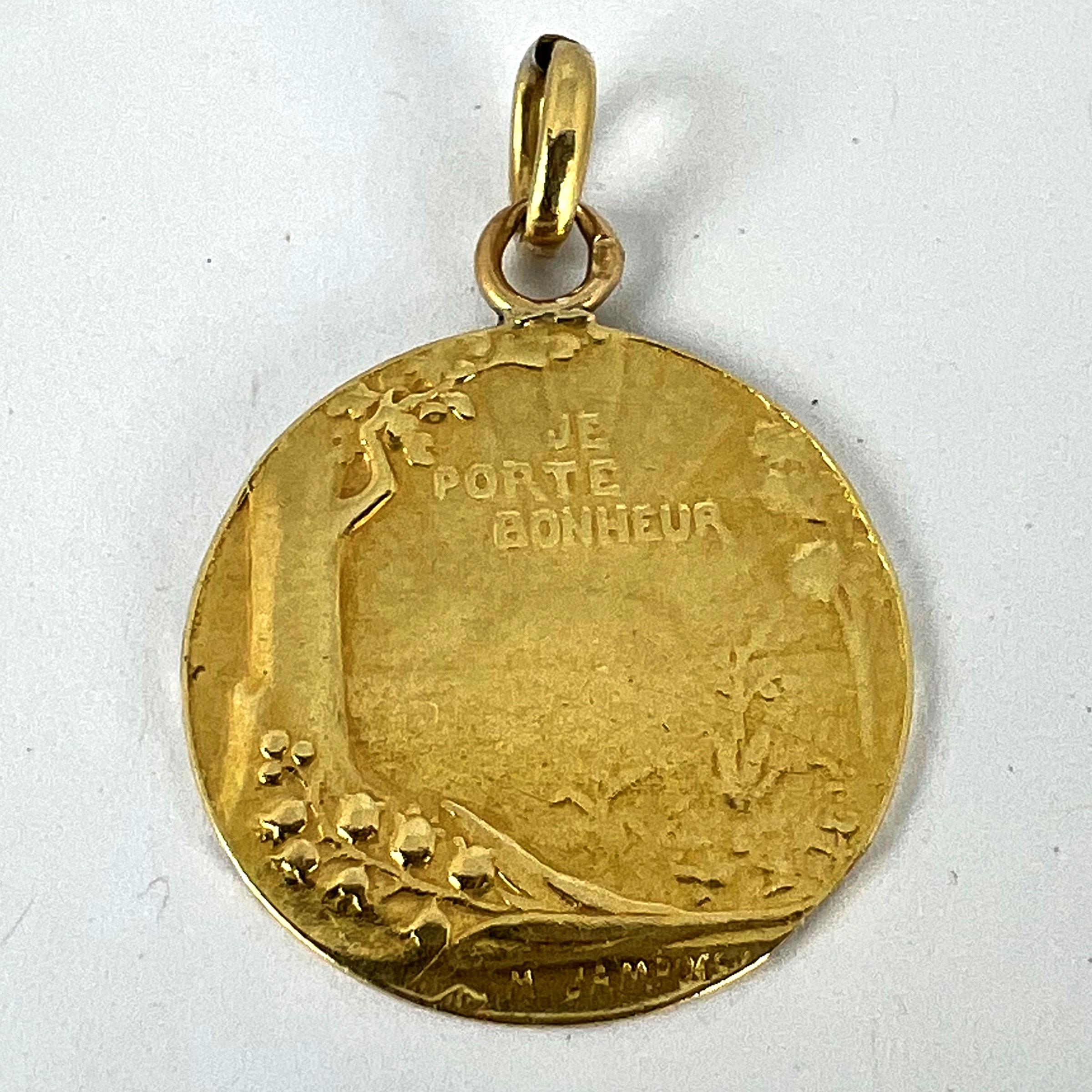 French Bonheur Good Luck 18K Yellow Gold Lucky Charm Medal Pendant For Sale 9