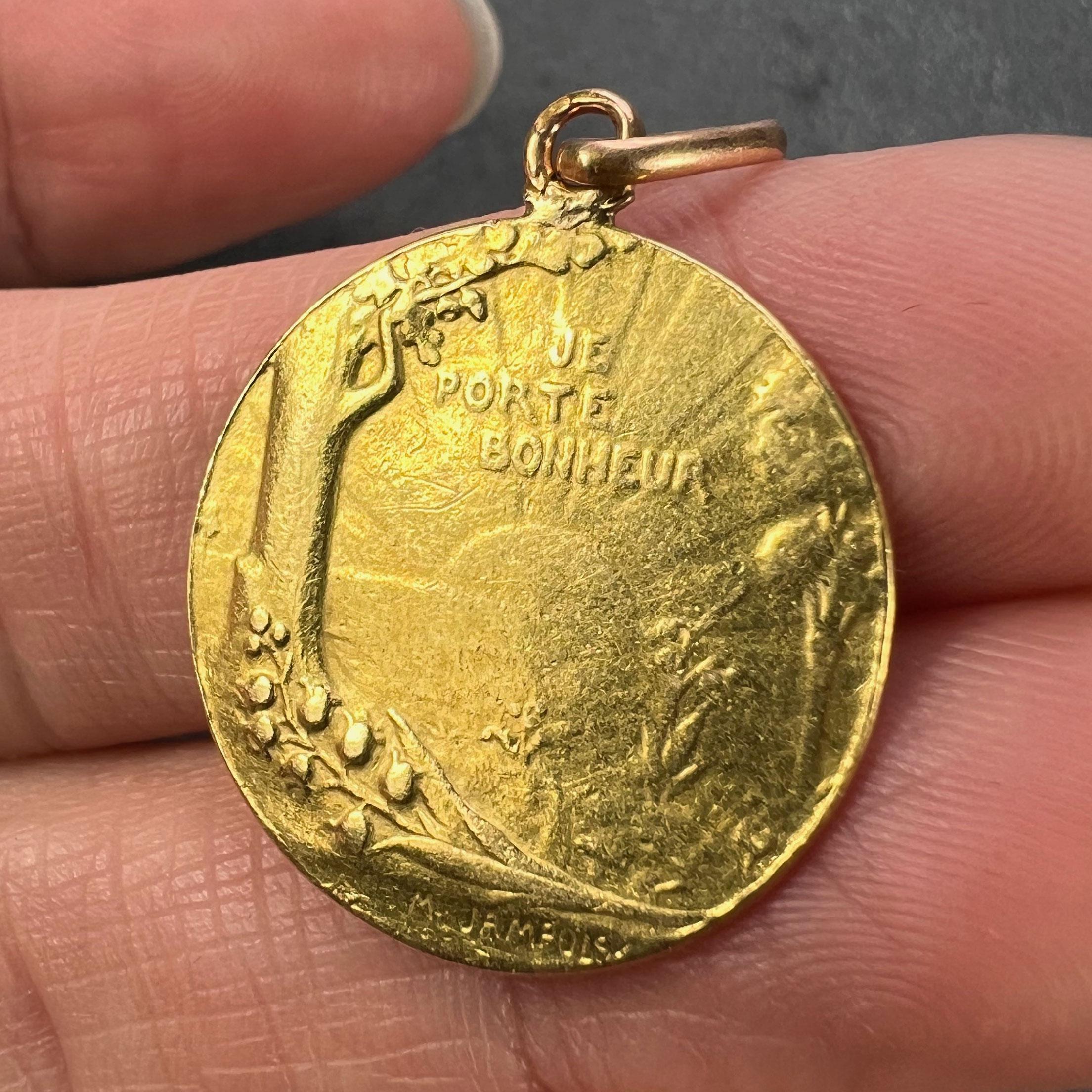 Women's or Men's French Bonheur Good Luck 18K Yellow Gold Lucky Charm Medal Pendant For Sale