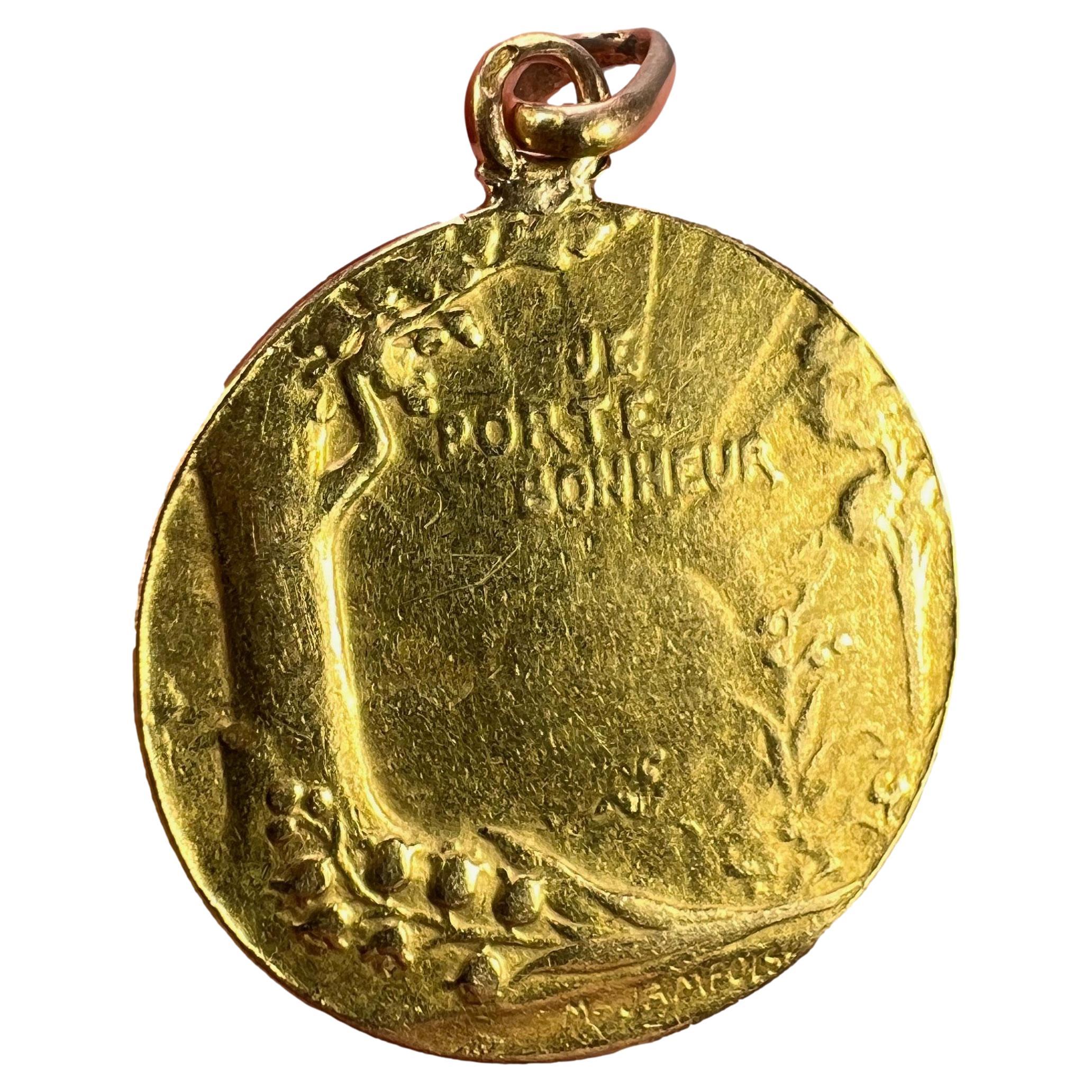 Pendentif médaillon français Bonheur Good Luck en or jaune 18 carats avec breloque de chance