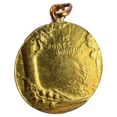 Pendentif médaillon français Bonheur Good Luck en or jaune 18 carats avec breloque de chance