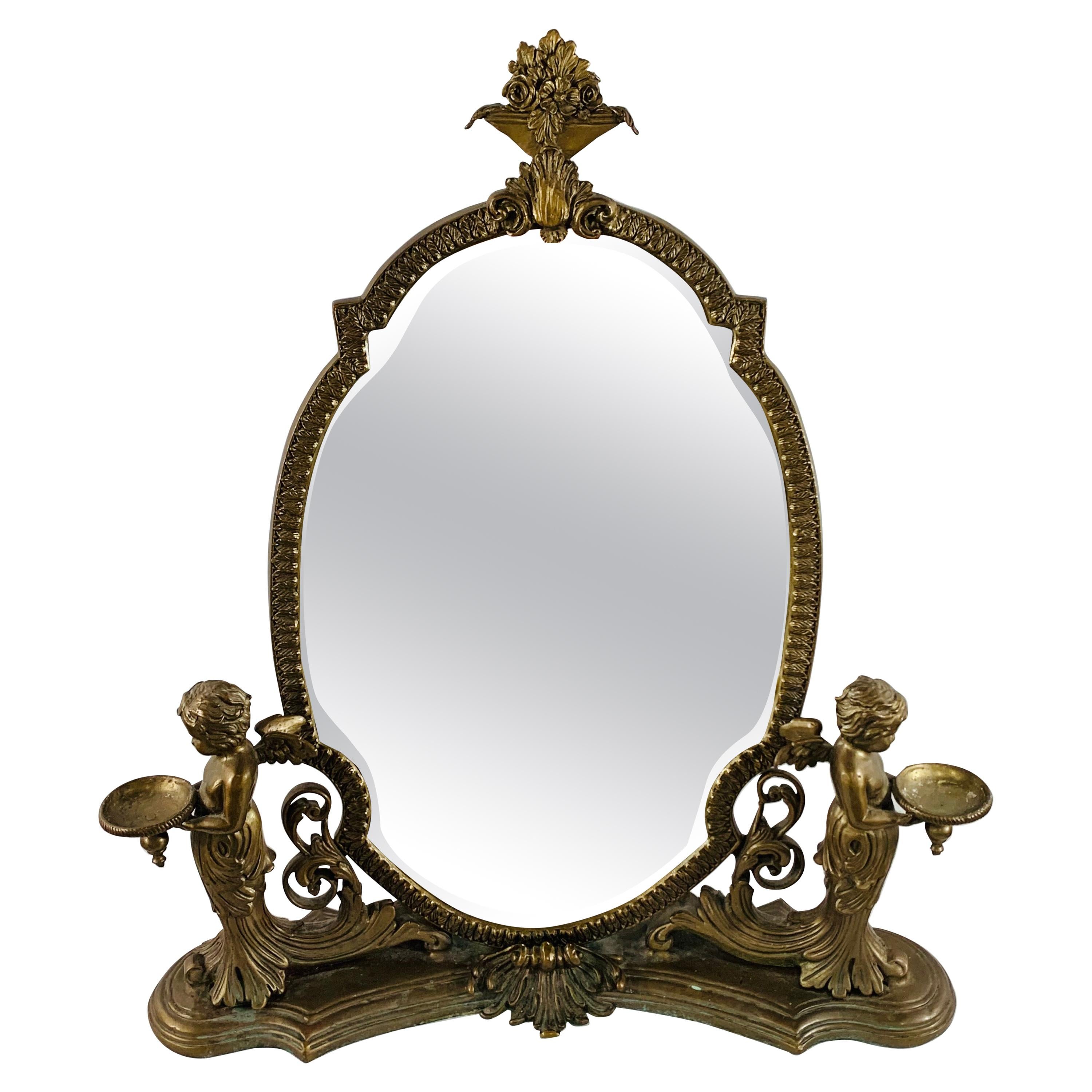 Louis XV Style French Bronze Vanity Mirror with Cherubs Candleholders 