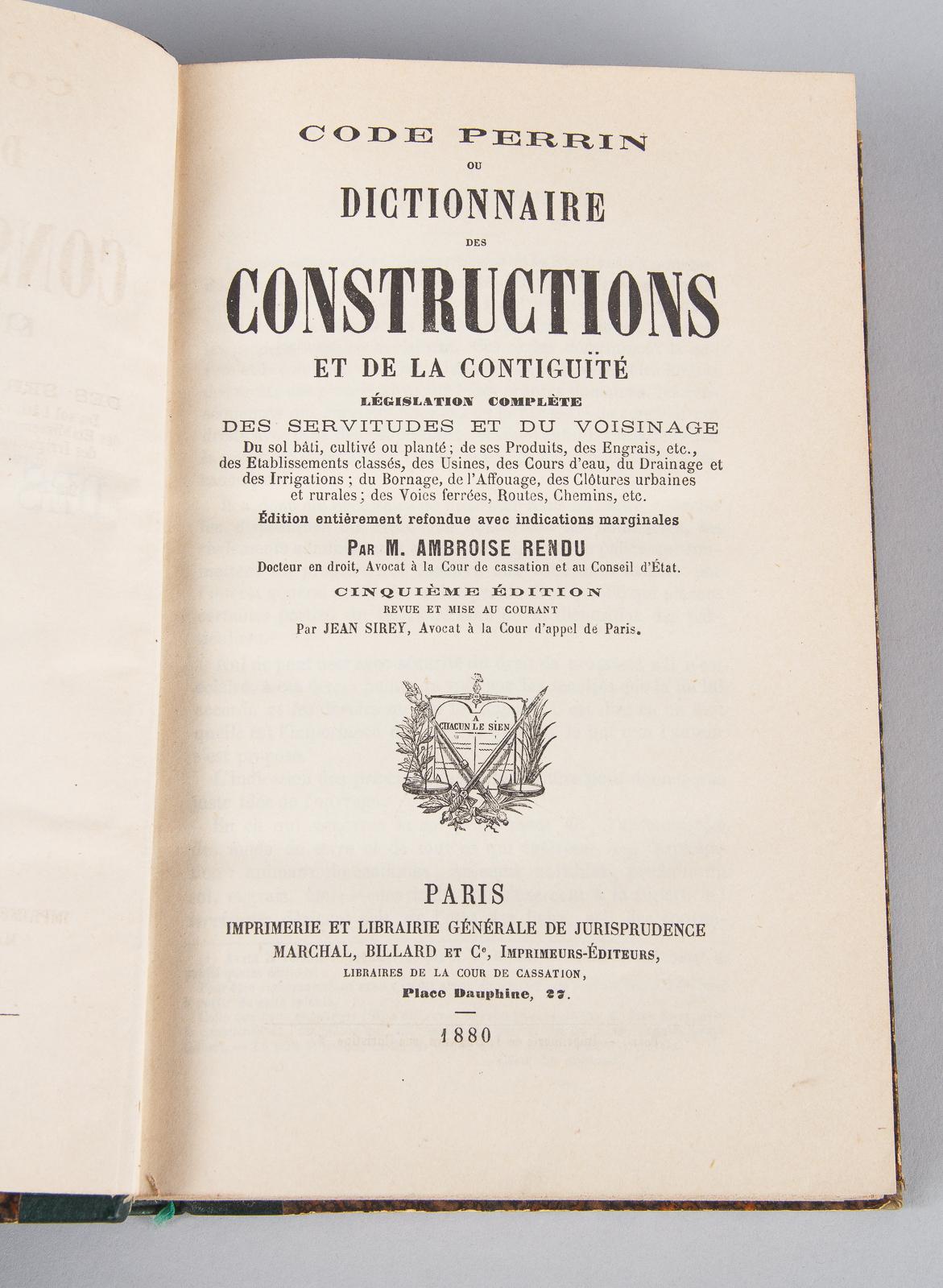 French Book, Code Perrin Ou Dictionnaire Des Constructions, 1880 For Sale 3