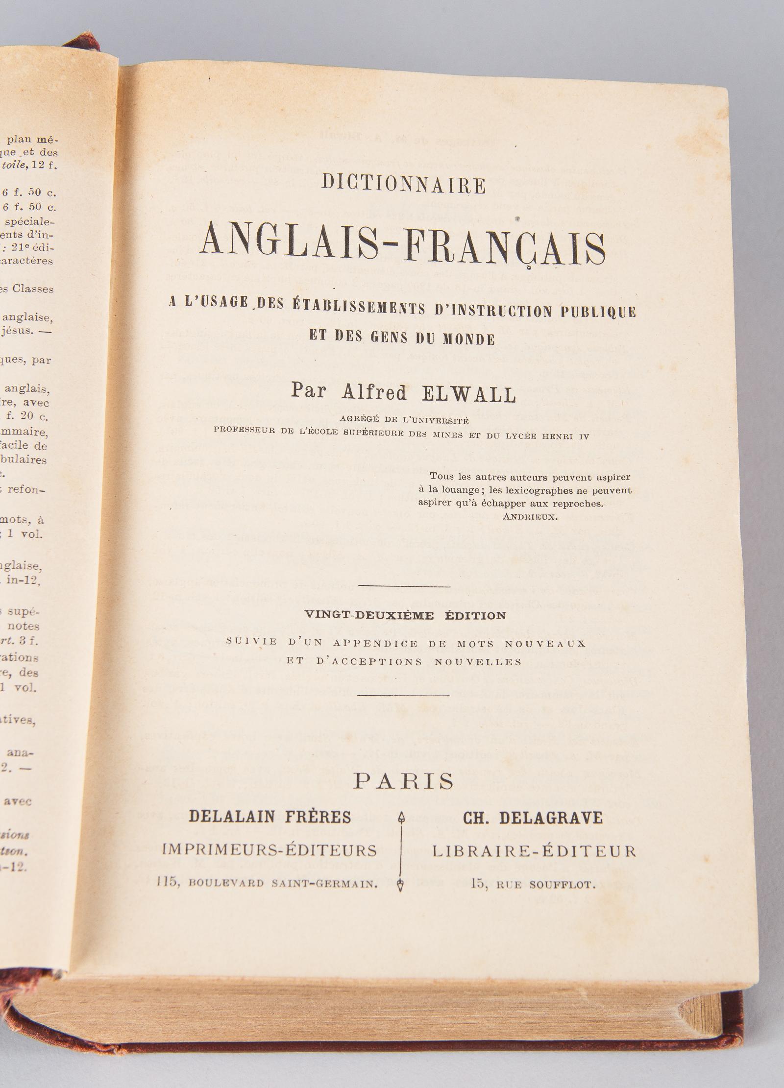 French Book-Dictionnaire Anglais-Francais by Alfred Elwall, 1901 4