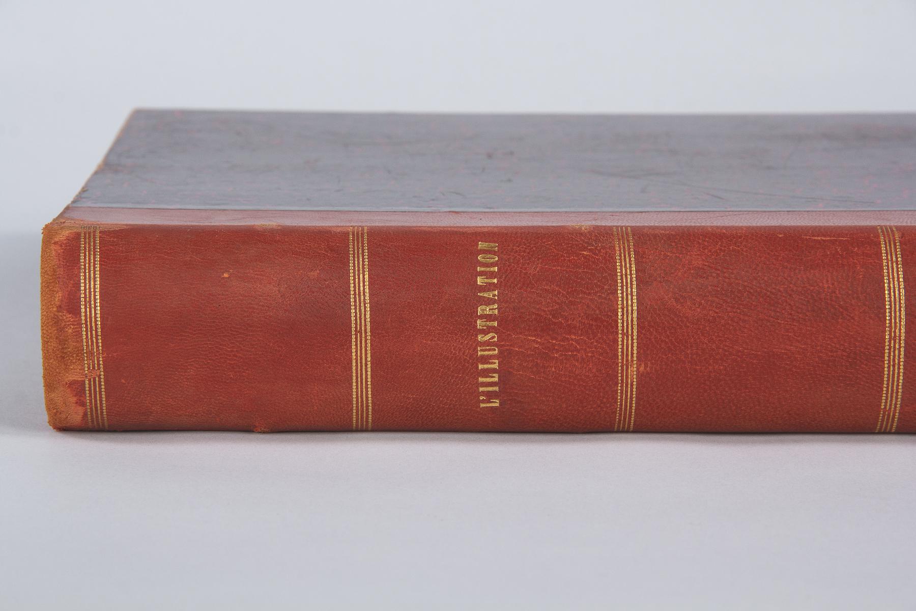 A hard bound book with red leather spine including issues of the weekly French newspaper L'Illustration for the year 1916. Published in Paris from 1843-1944, the newspaper contains many photographs, news, short stories, arts reviews and some