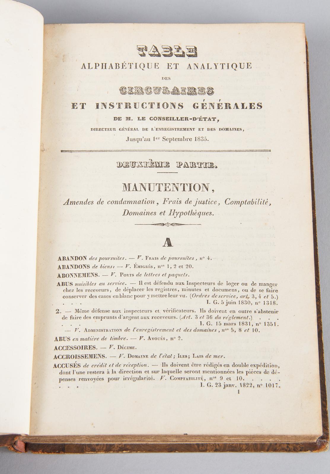 French Book Table Alphabetique Des Instructions, Manutention, 1835 For Sale 2