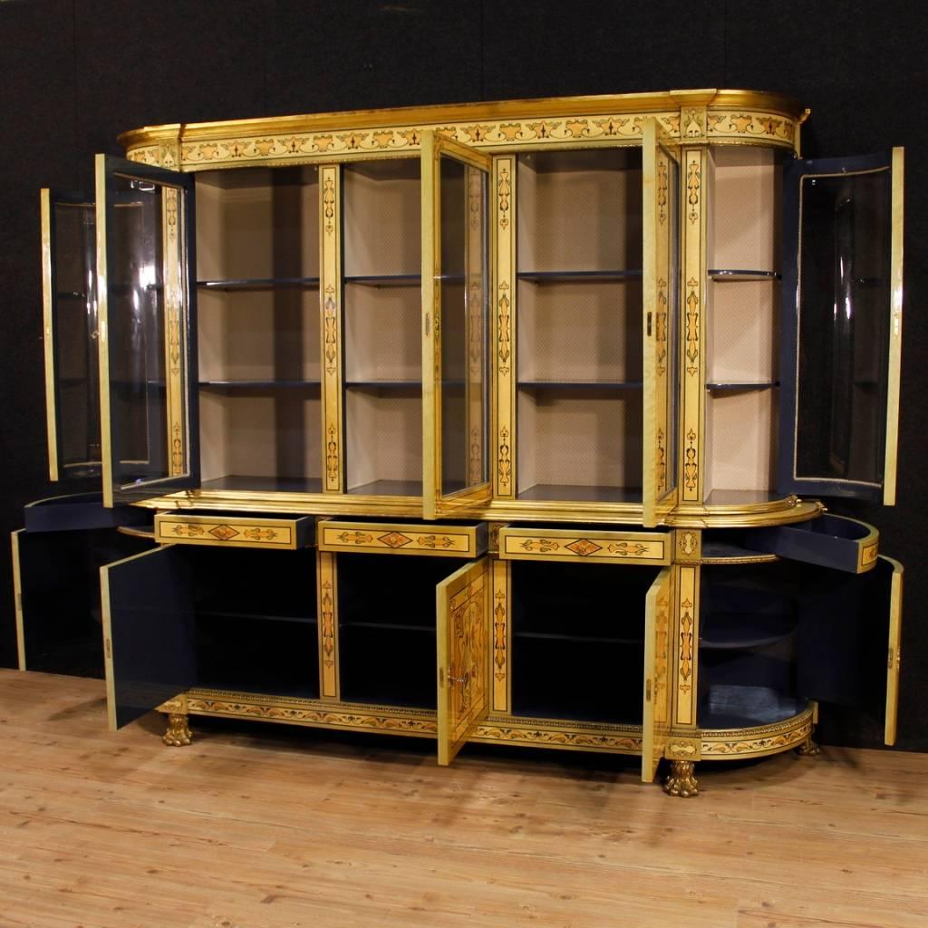 Brass French Bookcase in Inlaid Wood with Gilt Bronzes from 20th Century