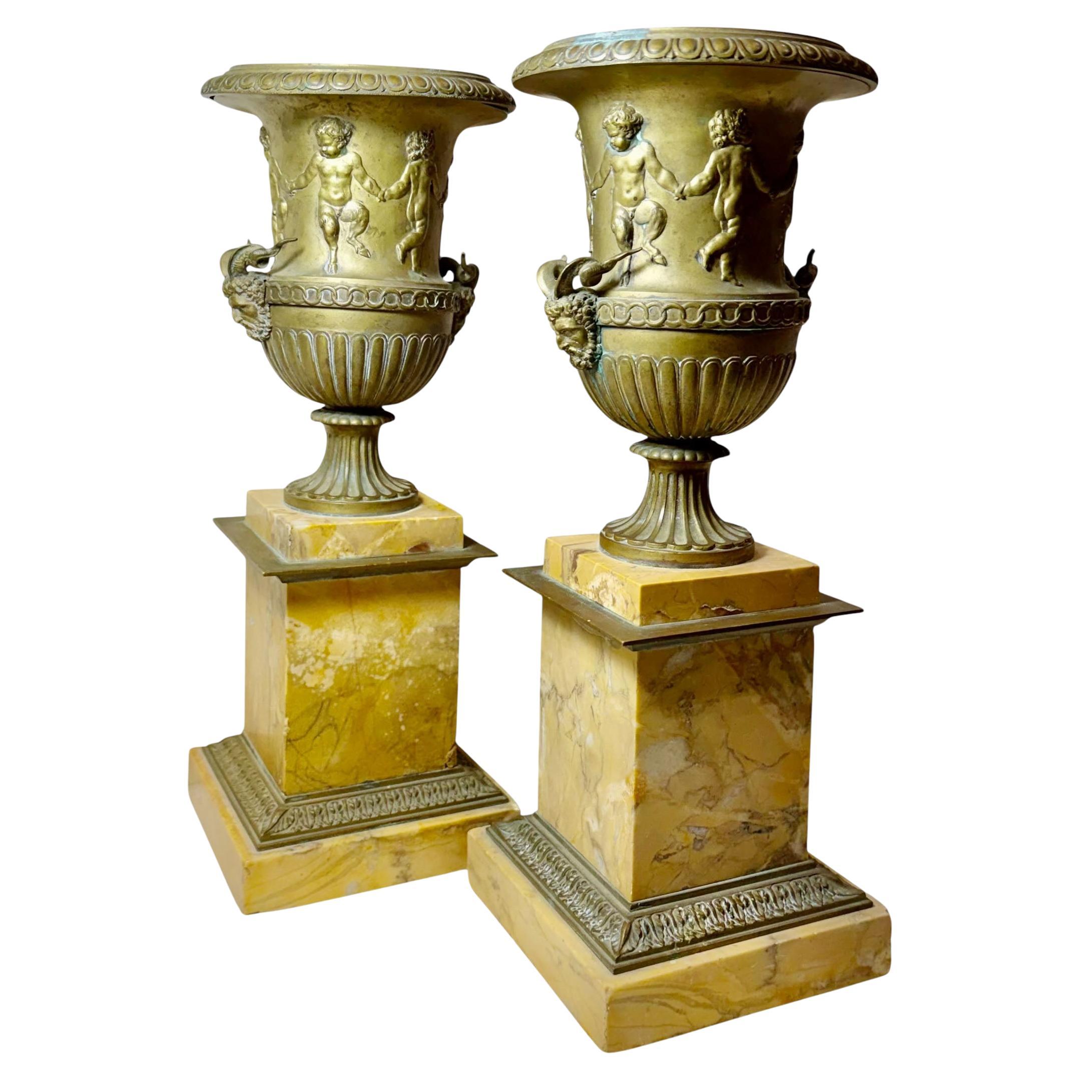 French Borghese Urns on Sienna Marble Plinths For Sale