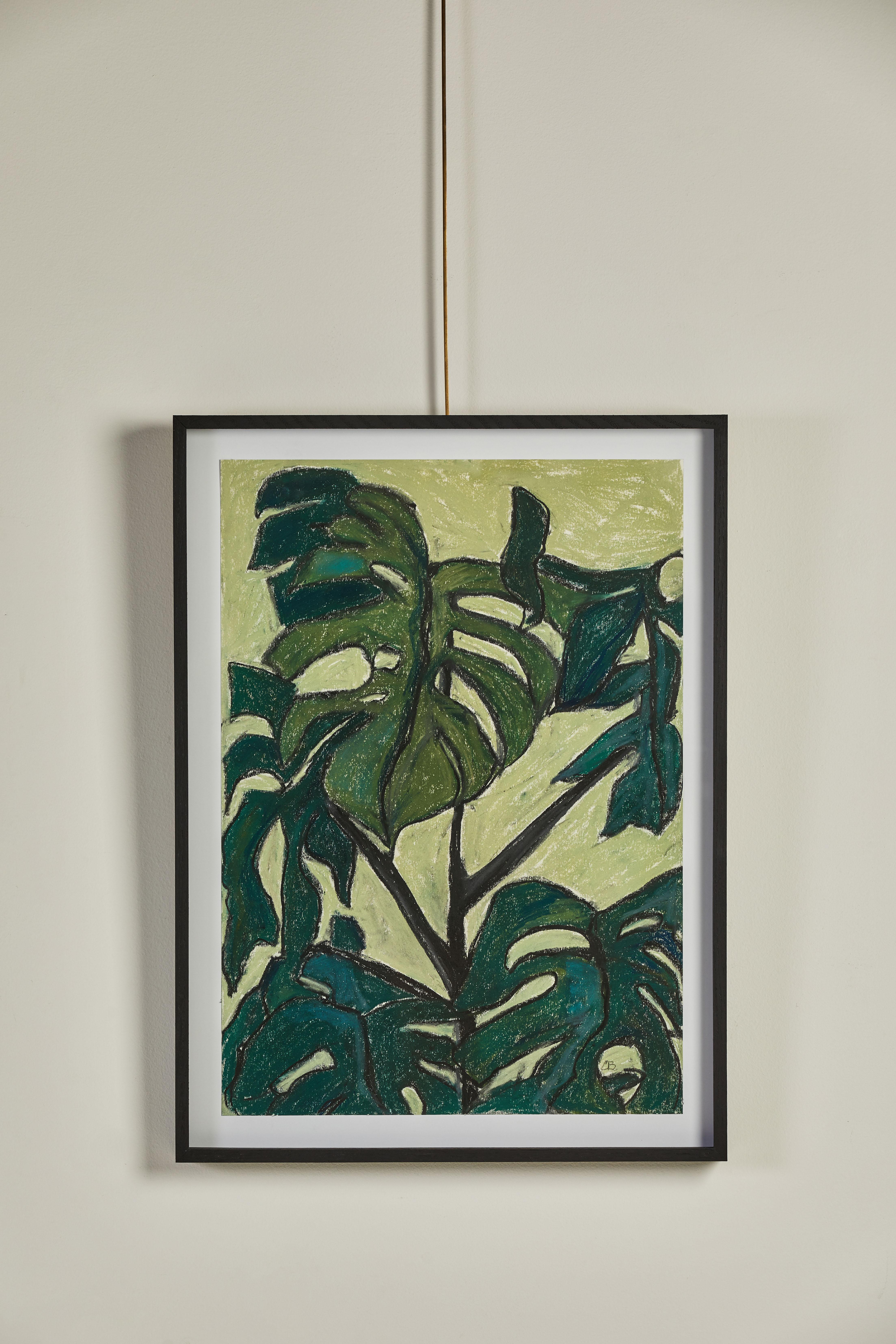French green pastel botanical drawing on paper, by Caroline Beauzon. Newly framed in black oak.