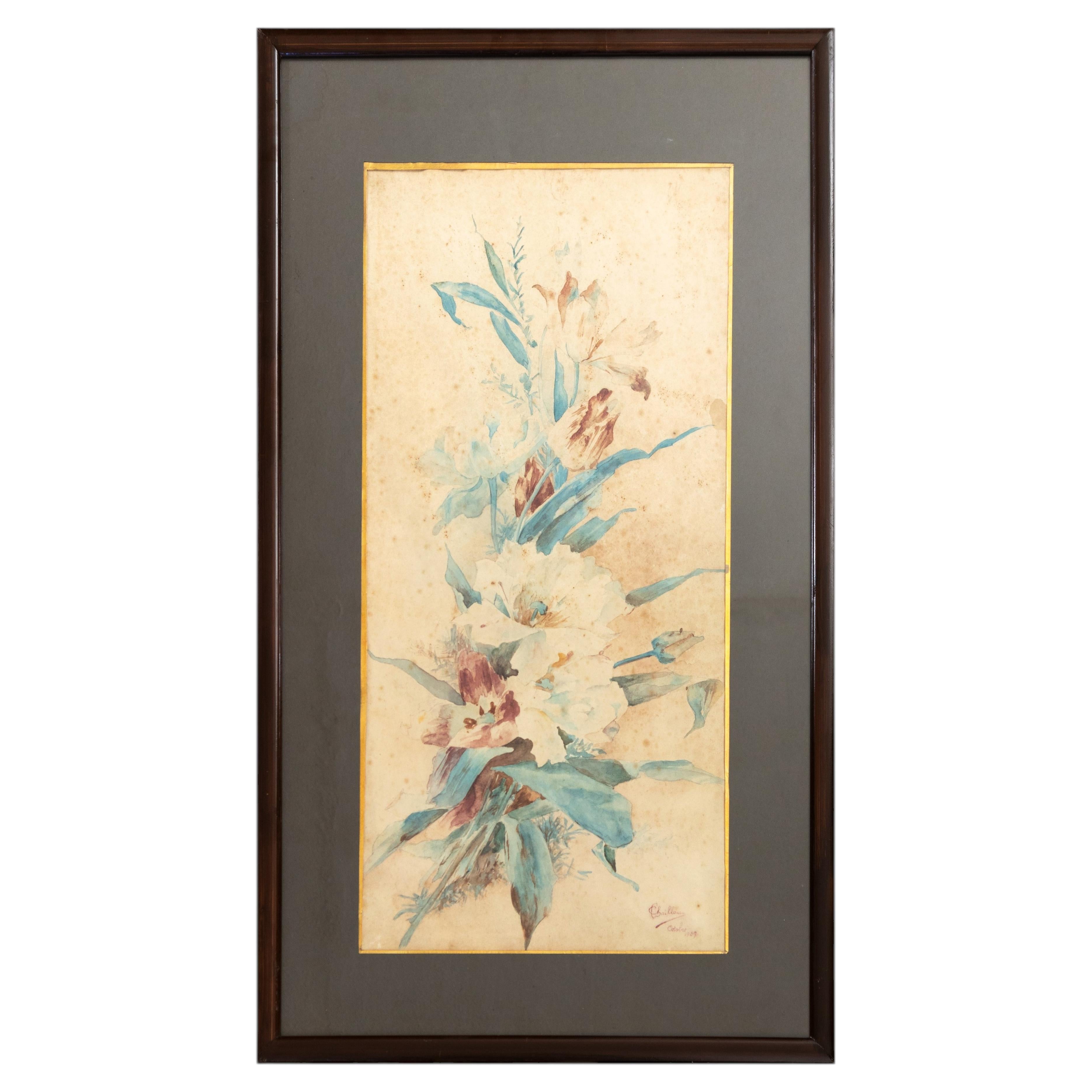French Botanical Watercolor, Signed 1909, Early 20th Century, Framed