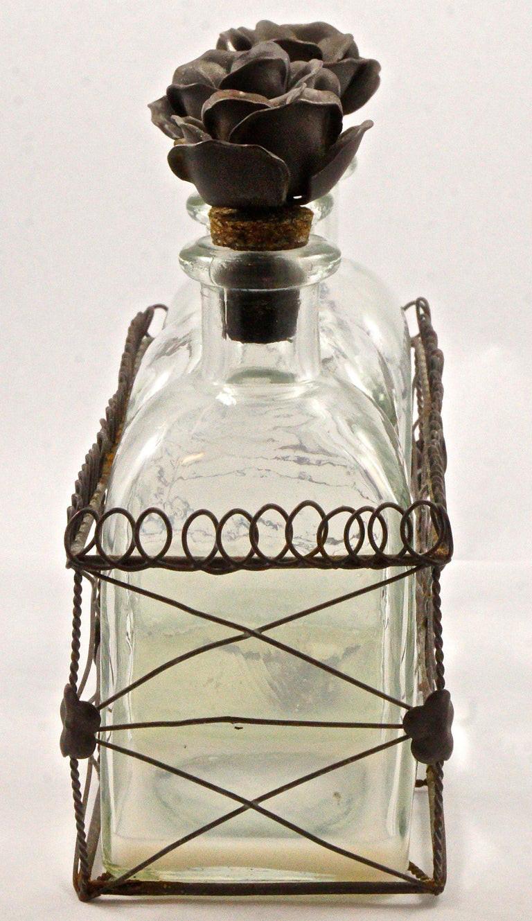 French Bottles with Flower Cork Stoppers in a Wire Basket Holder, circa 1950s In Good Condition For Sale In London, GB