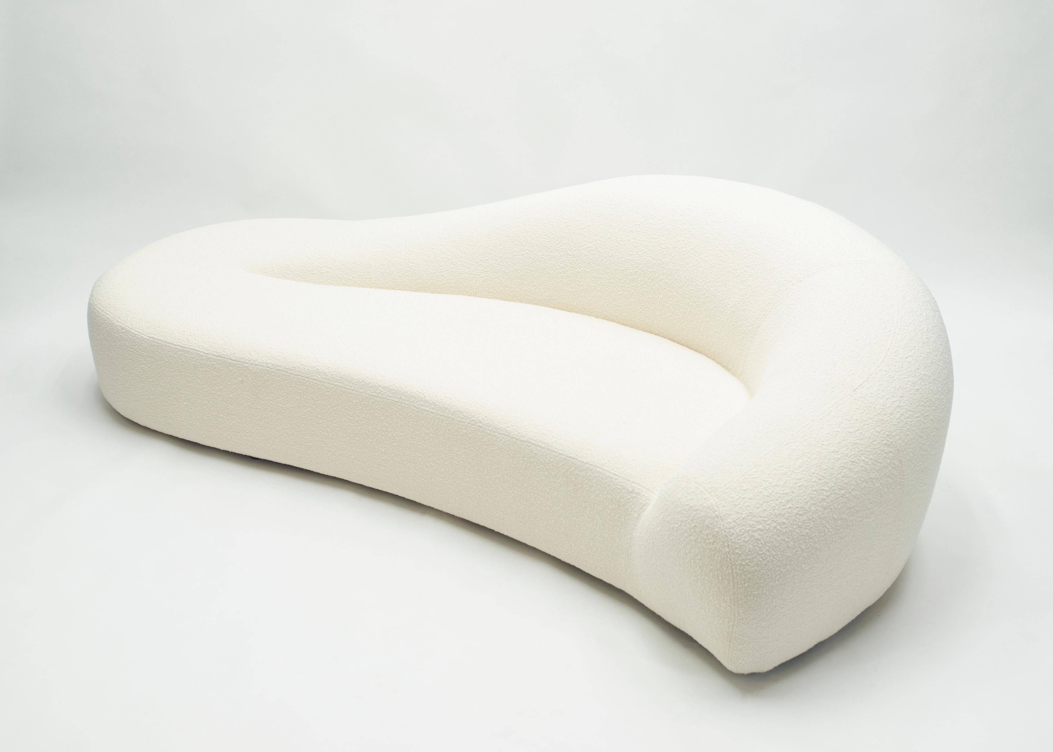 Very rare and unique large sofa by Raphaël Raffel for Maison Honoré Paris in the mid-1970s. This sofa has been newly upholstered in luxurious white cream virgin wool bouclettes fabric from French editor Lelievre - Lama Reference for a soft yet