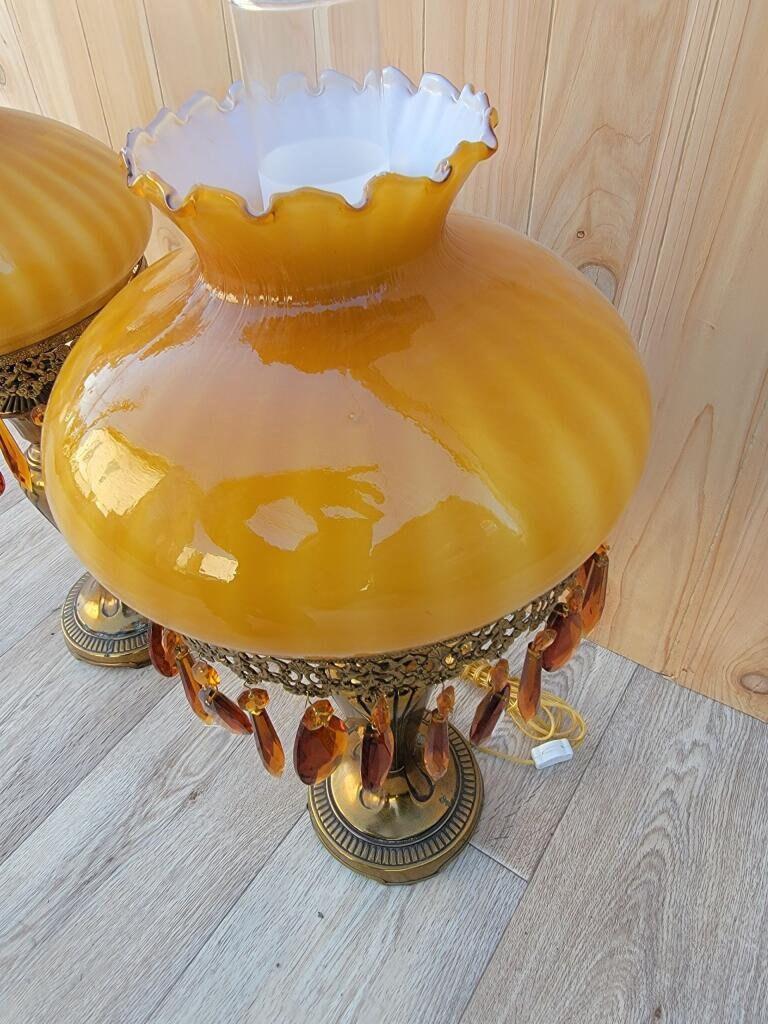 Art Deco French Boudoir Electric Amber Glass Shade and Brass Base Oil Lamps- Pair For Sale