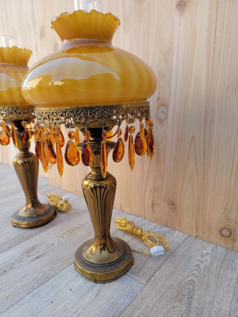American French Boudoir Electric Amber Glass Shade and Brass Base Oil Lamps- Pair For Sale