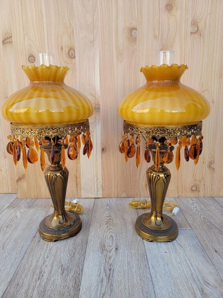 Hand-Crafted French Boudoir Electric Amber Glass Shade and Brass Base Oil Lamps- Pair For Sale