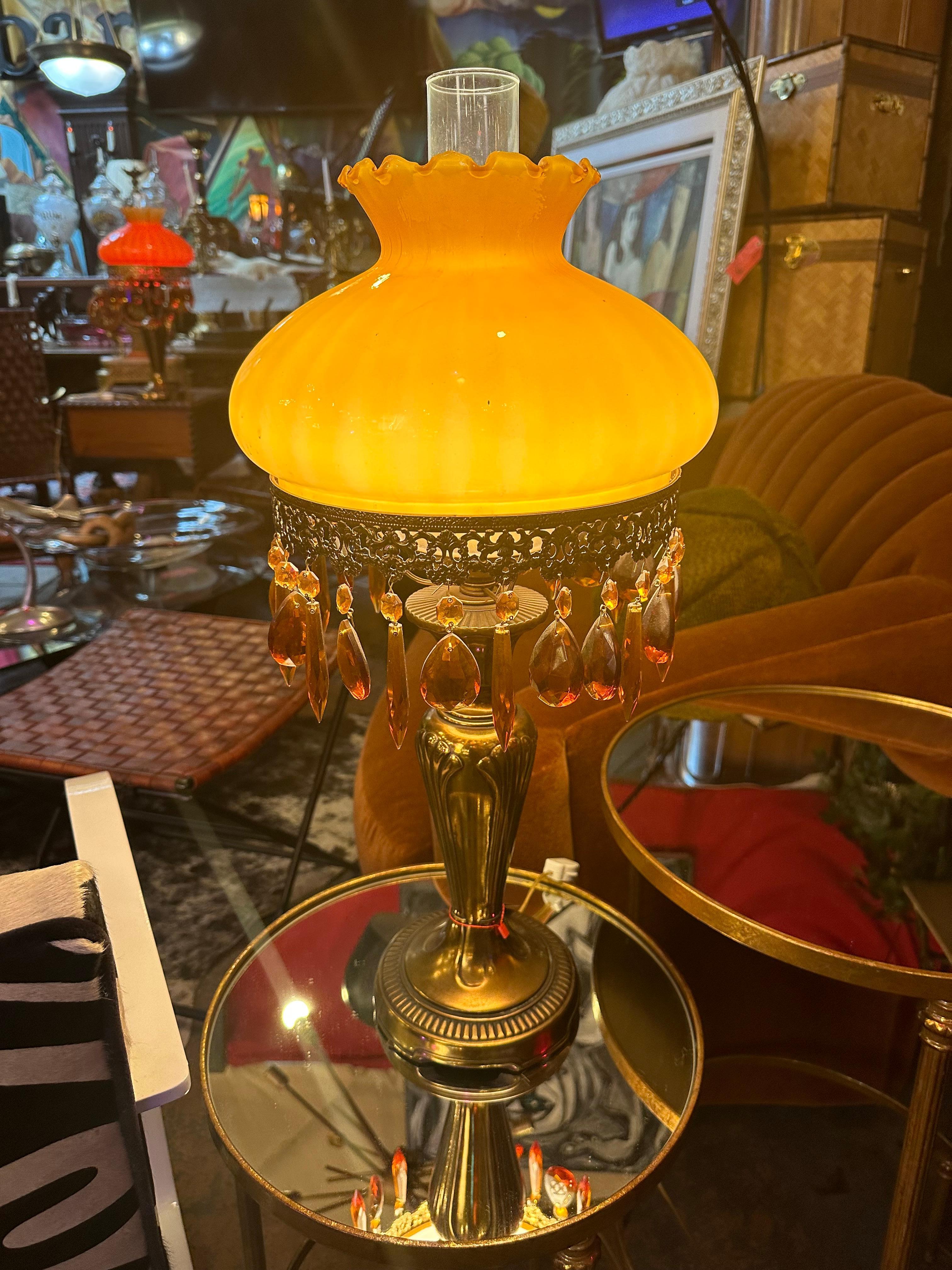 French Boudoir Electric Amber Glass Shade and Brass Base Oil Lamps- Pair In Good Condition For Sale In Chicago, IL