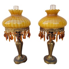 Boudoir Electric Amber Glass Shade und Messing Sockel Öllampen- Paar