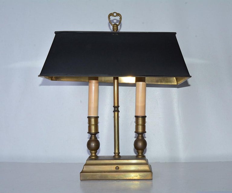 French Bouillotte Bronze 2 Candle Table Lamp with Black Tole Shade at 1stDibs