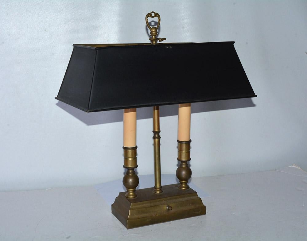 Neoclassical Revival French Bouillotte Bronze 2 Candle Table Lamp with Black Tole Shade