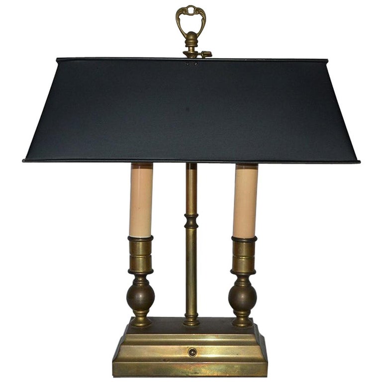 French Bouillotte Bronze 2 Candle Table Lamp with Black Tole Shade at