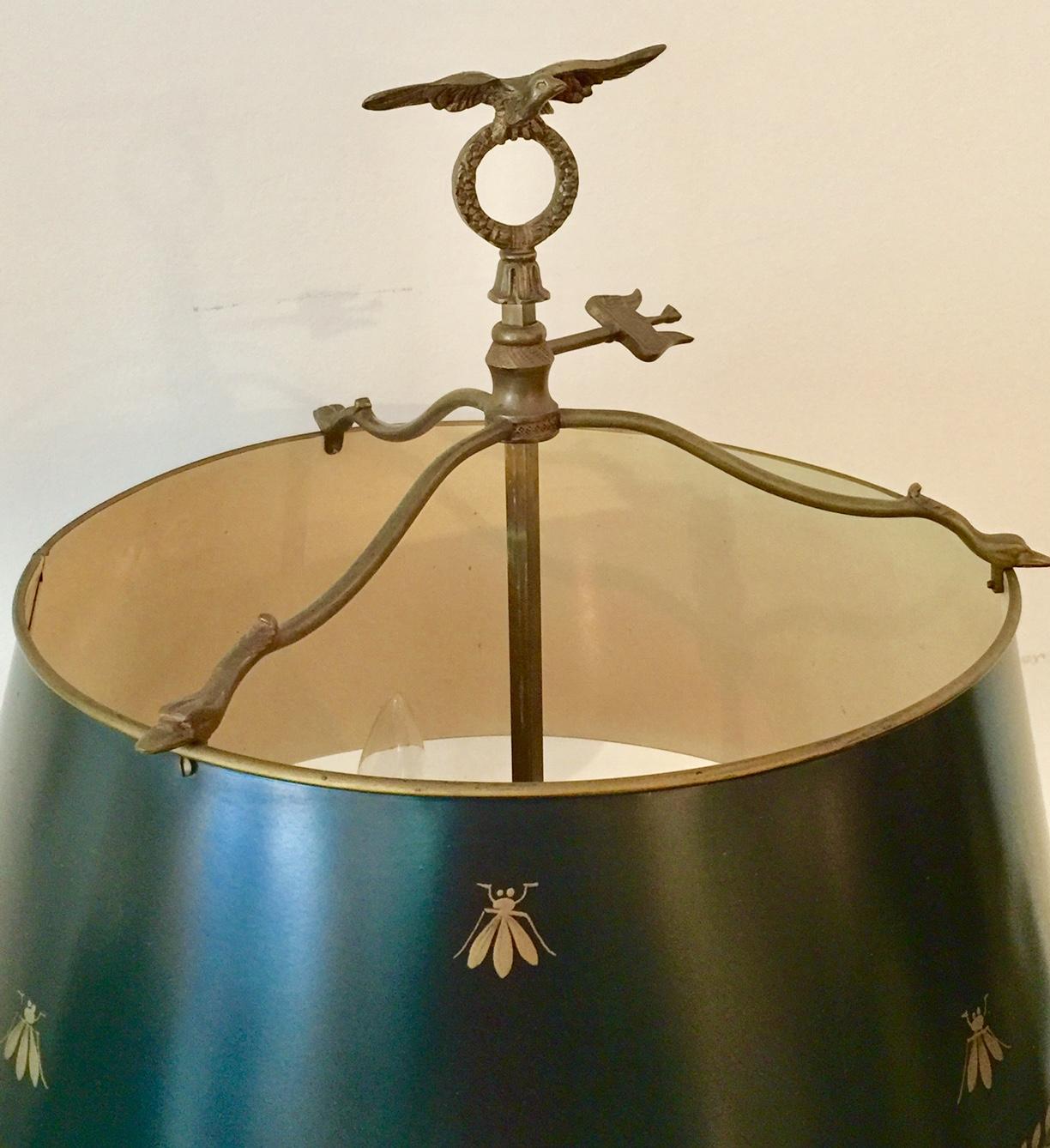 Metal French Bouillotte Lamp, Bee and Laurel Leaf Decoration, Painted Green Tôle Shade