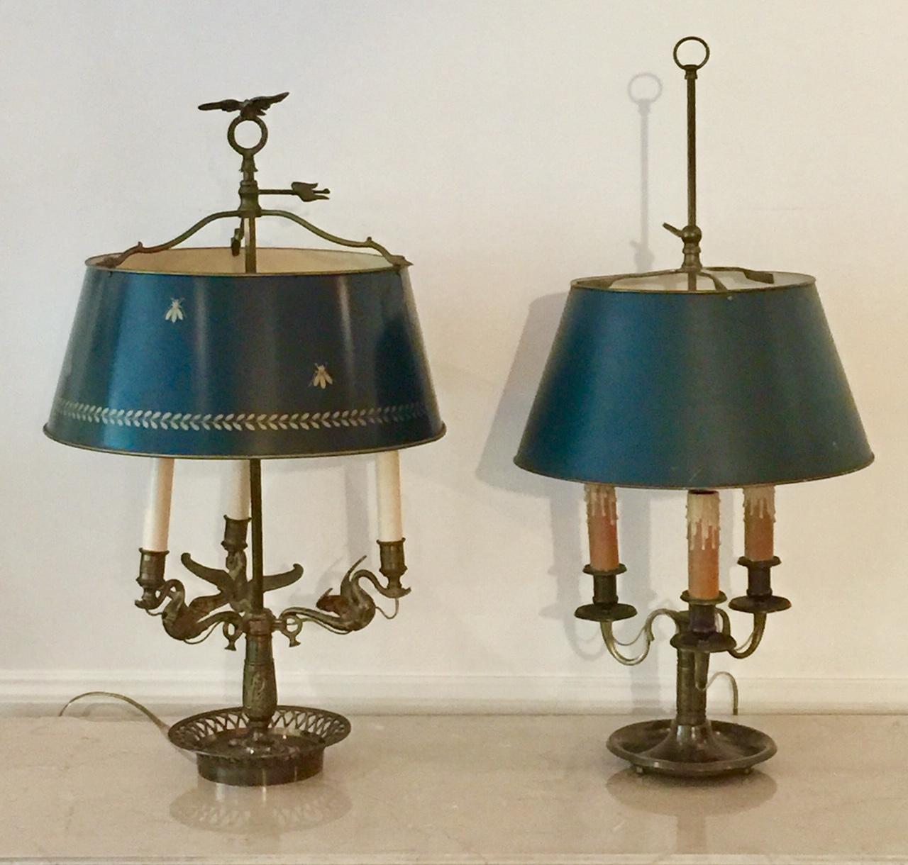 Französische Bouillotte-Lampe, Bienen- und Lorbeerblattdekoration, grün bemalter Tôle-Schirm im Angebot 5