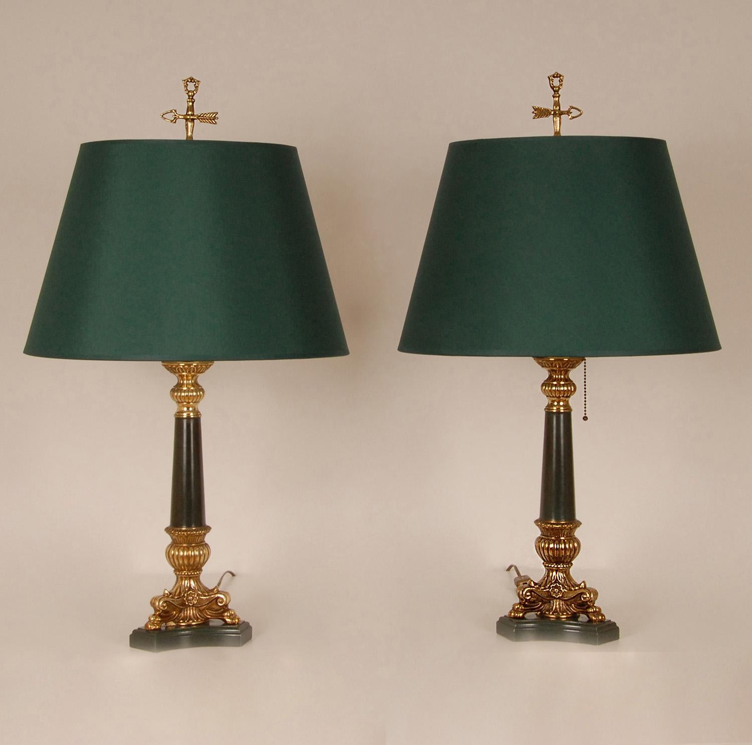 Französische Bouillotte-Lampen, Napoleonisches Empire, Grün, Gold, vergoldete Vintage-Tischlampen im Angebot 6