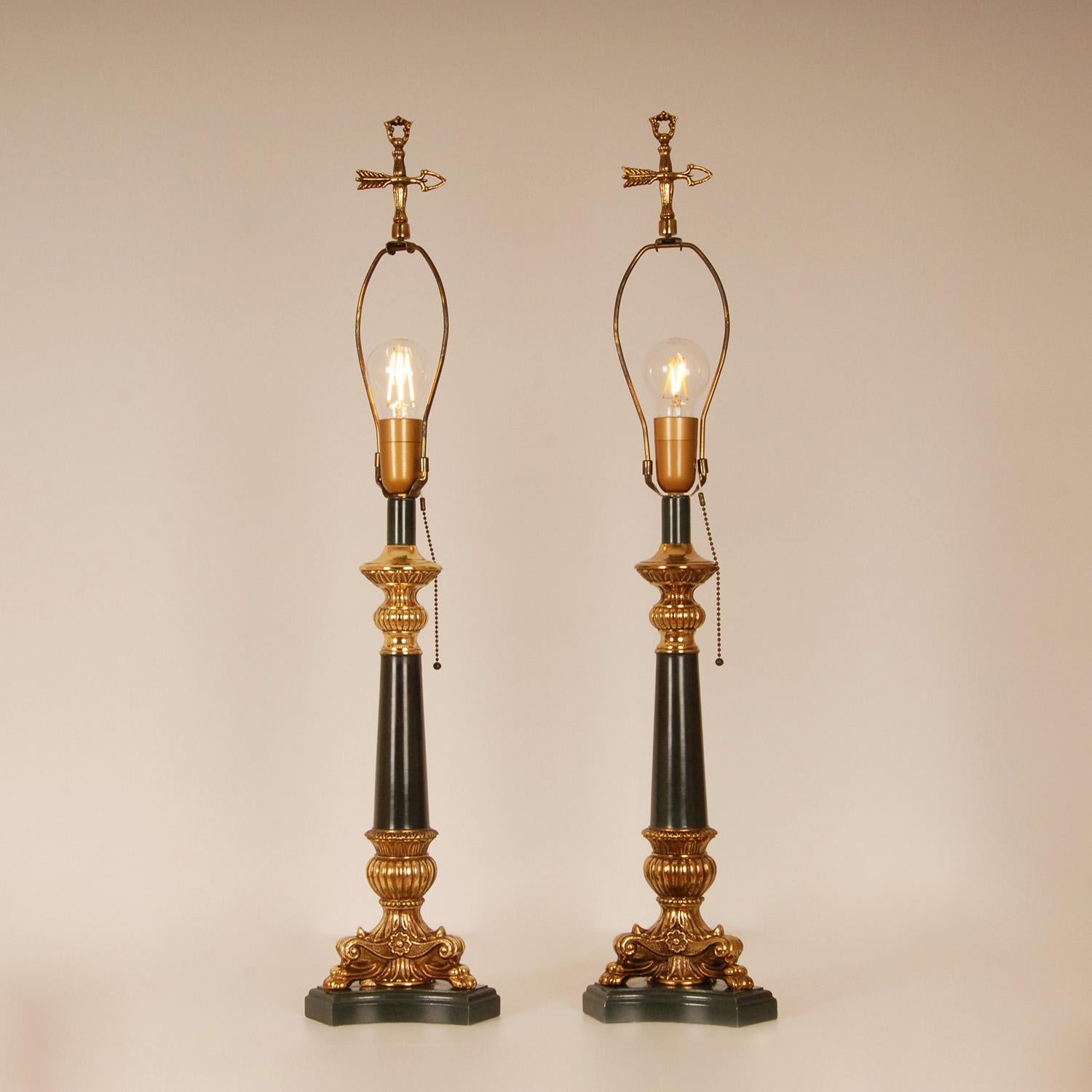 French Bouillotte Lamps Napoleonic Empire Green Gold Gilded Vintage Table Lamps In Good Condition For Sale In Wommelgem, VAN