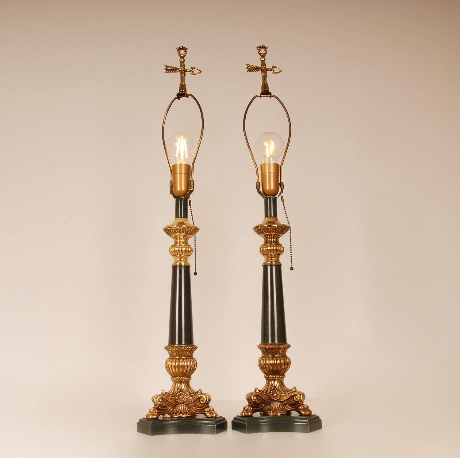 French Bouillotte Lamps Napoleonic Empire Green Gold Gilded Vintage Table Lamps For Sale 1