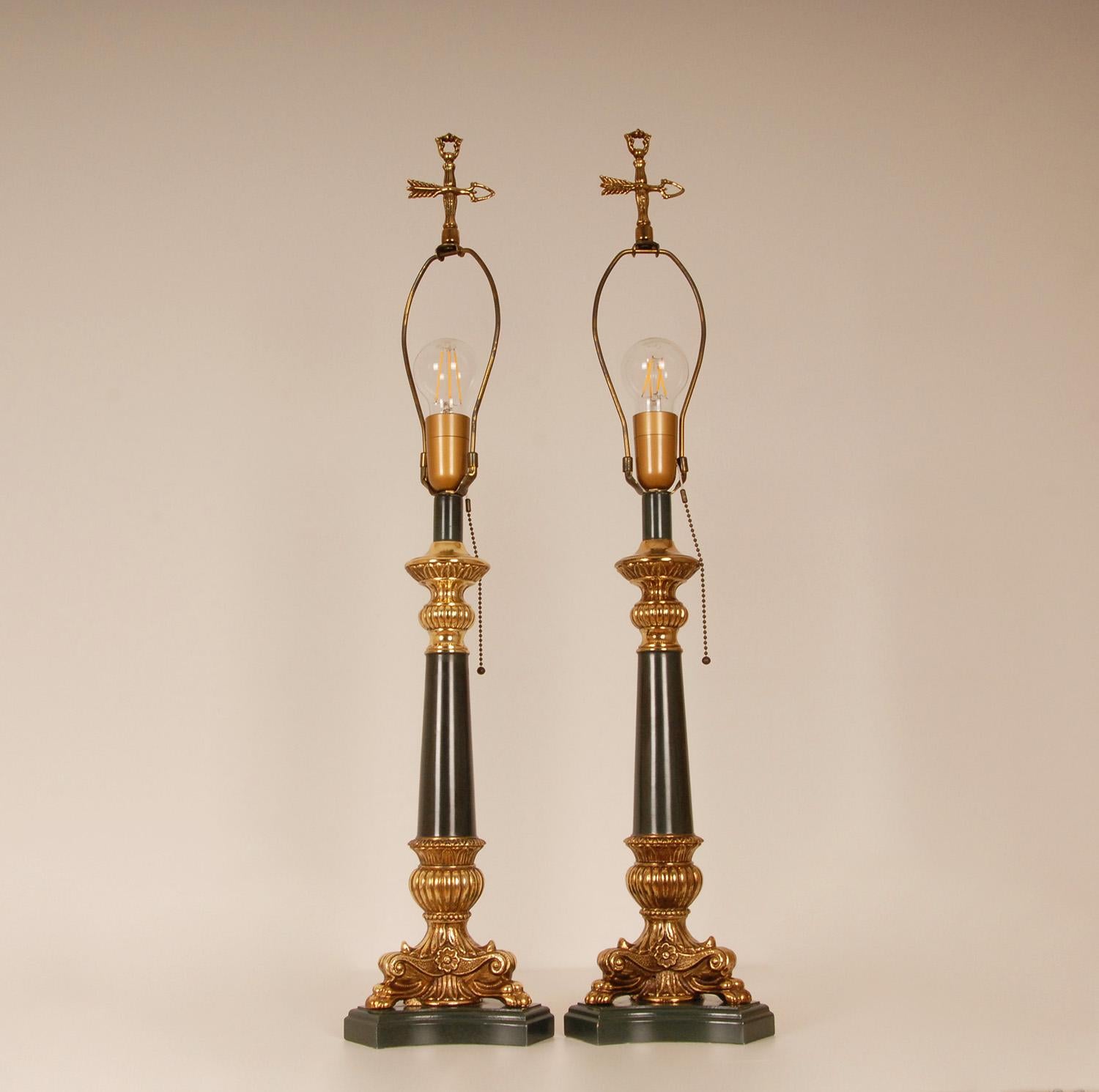 French Bouillotte Lamps Napoleonic Empire Green Gold Gilded Vintage Table Lamps For Sale 2