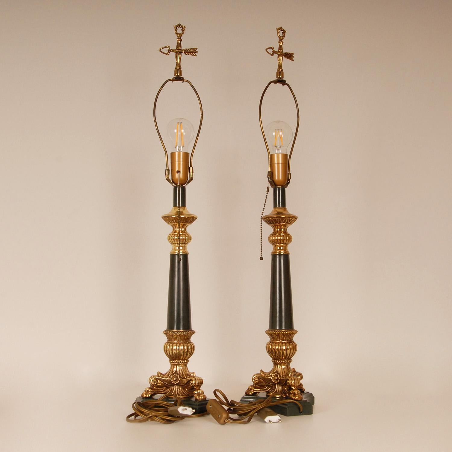 Französische Bouillotte-Lampen, Napoleonisches Empire, Grün, Gold, vergoldete Vintage-Tischlampen im Angebot 3