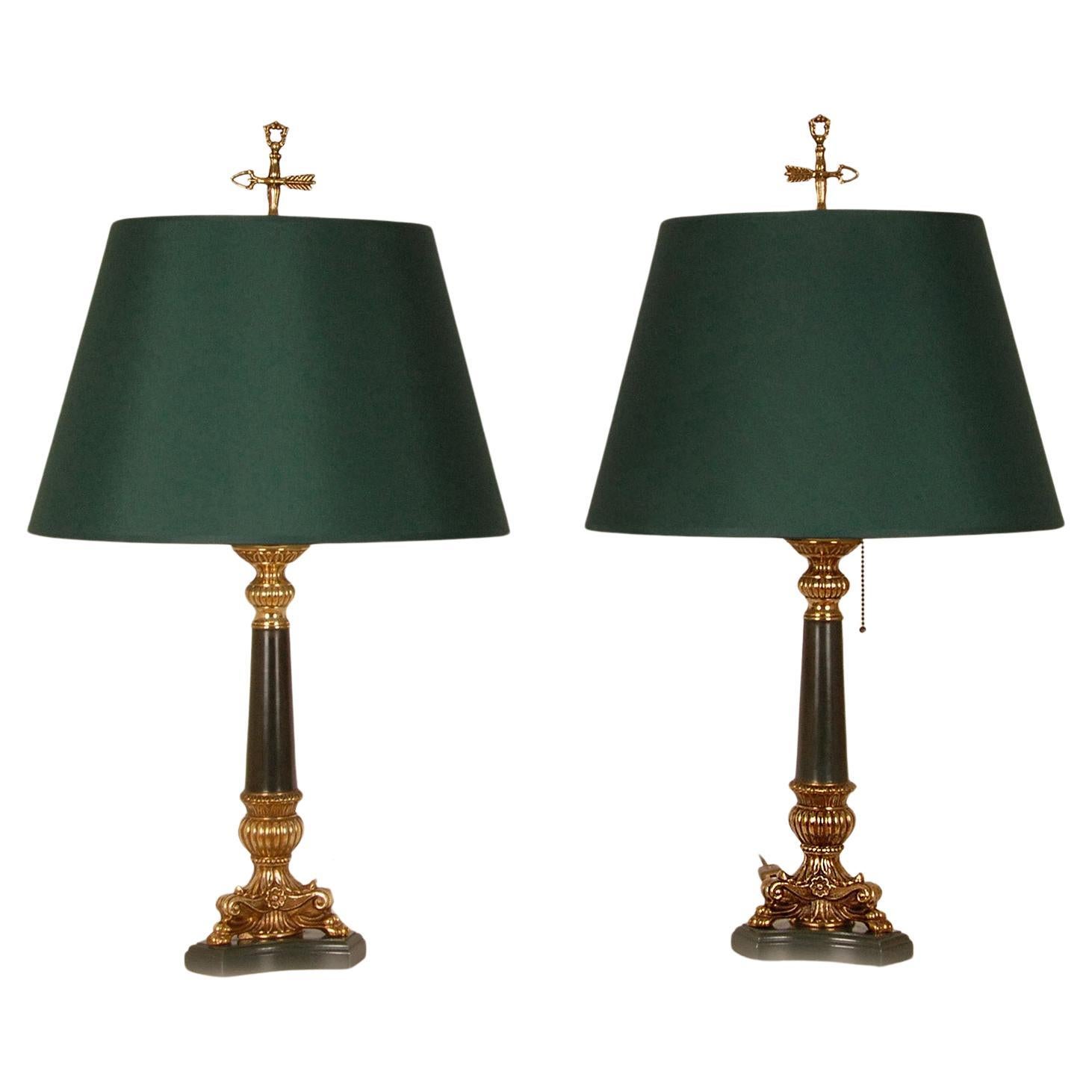 French Bouillotte Lamps Napoleonic Empire Green Gold Gilded Vintage Table Lamps For Sale