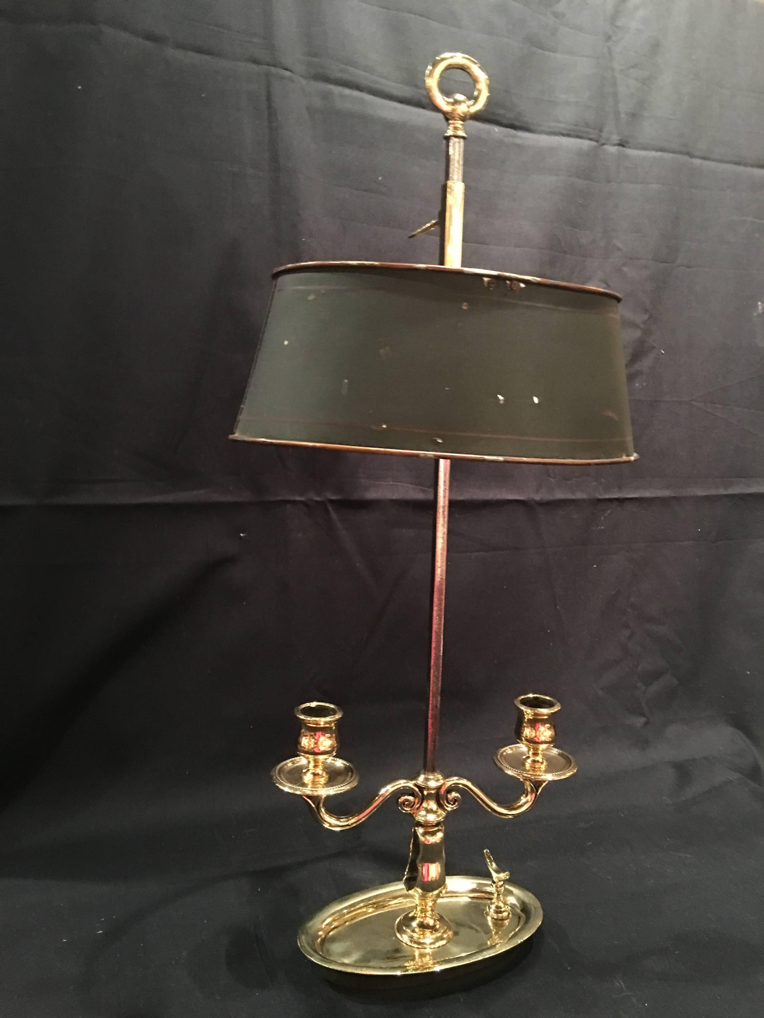 French Bouillotte Two-Candle Lamp Polished Brass with Metal Shade, 19th Century In Good Condition For Sale In Savannah, GA