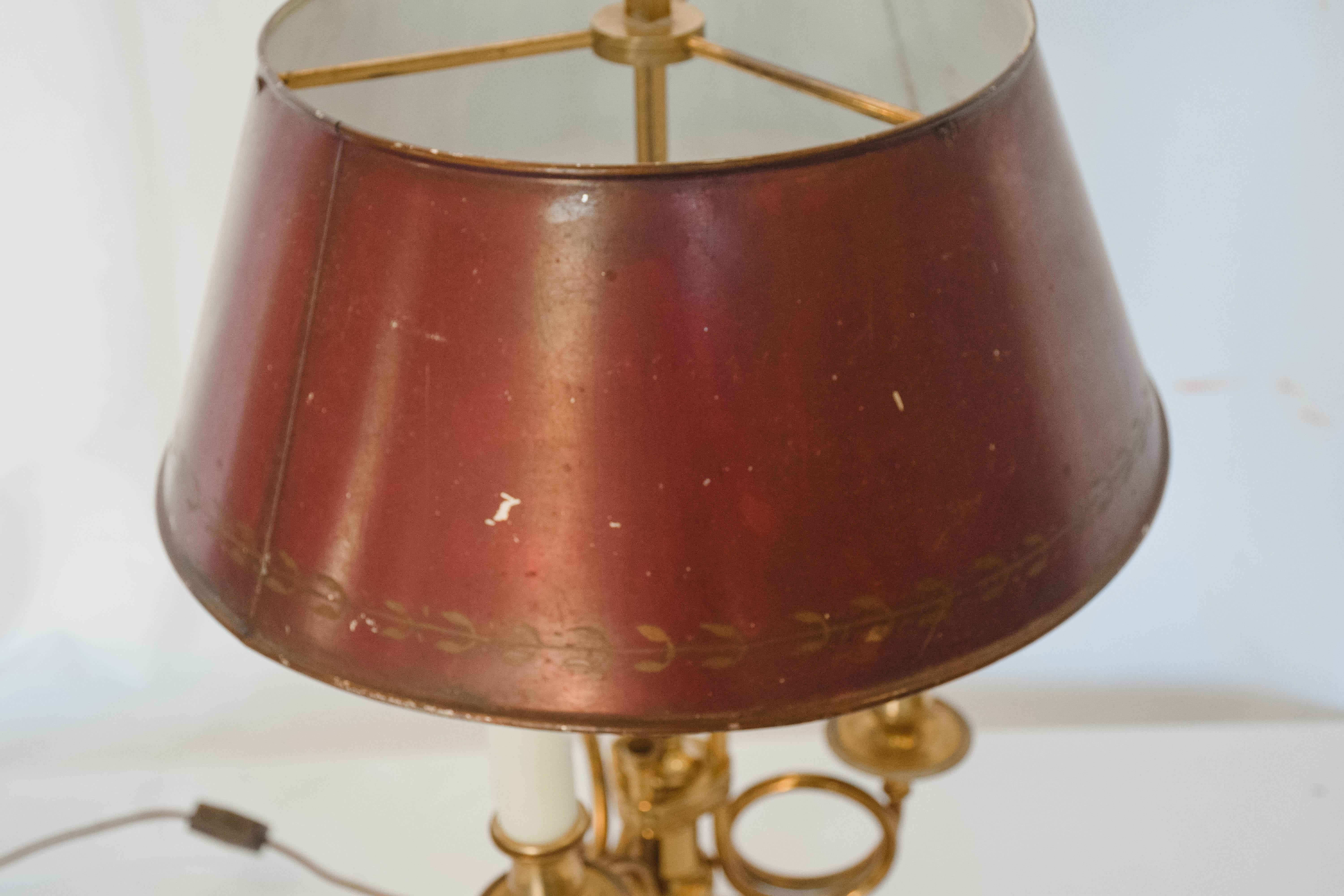 French Bouilotte lamp. Newly wired to US standards. Red shade. 3 lights.