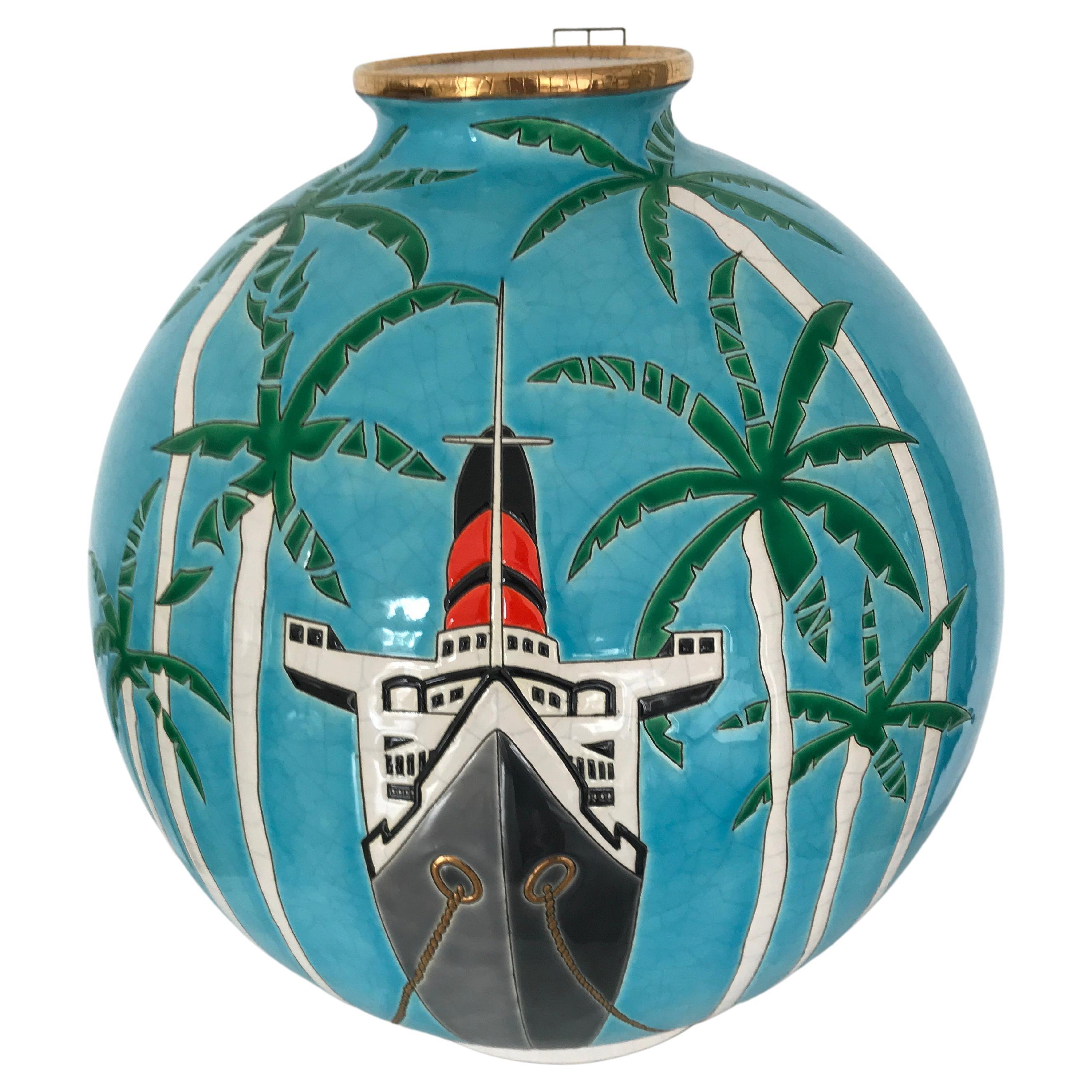 French  Boule Coloniale Vase "Miami Mon Amour" by D. Curetti for Longwy, 1980 For Sale