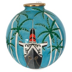 French  Boule Coloniale Vase "Miami Mon Amour" by D. Curetti for Longwy, 1980