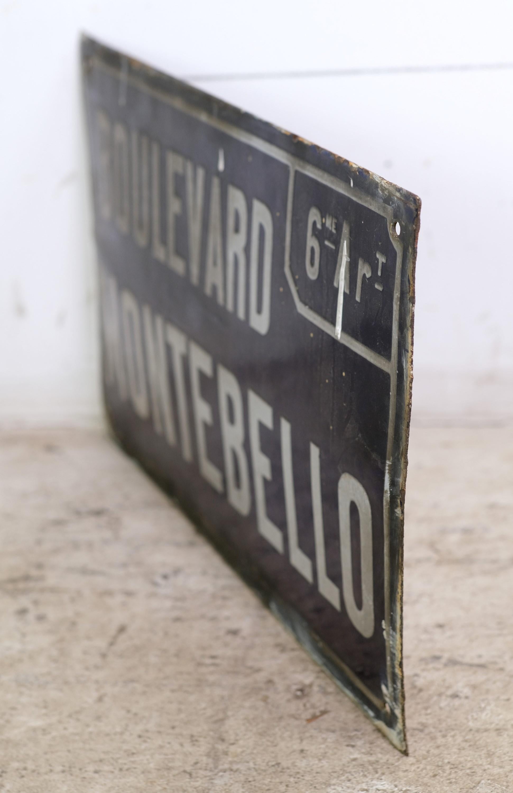 Industrial French Boulevard Montebello Steel Street Sign Enameled Blue and White
