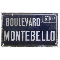 French Boulevard Montebello Steel Street Sign Enameled Blue and White
