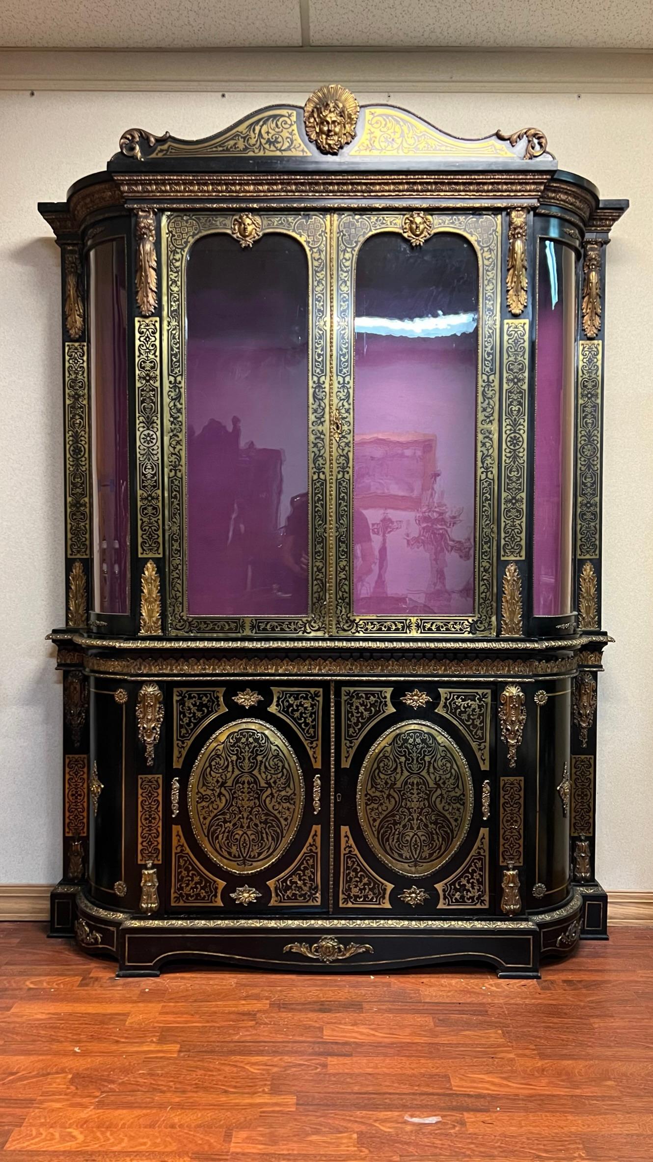 French Boulle Brass inlaid Napoleon III Ebonized Bookcase Cabinet 5