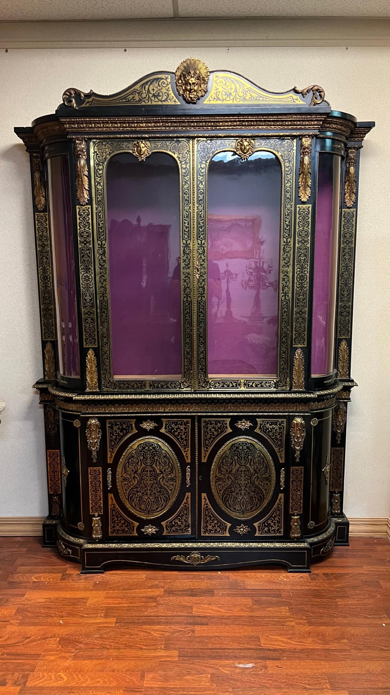 French Boulle Brass inlaid Napoleon III Ebonized Bookcase Cabinet 6