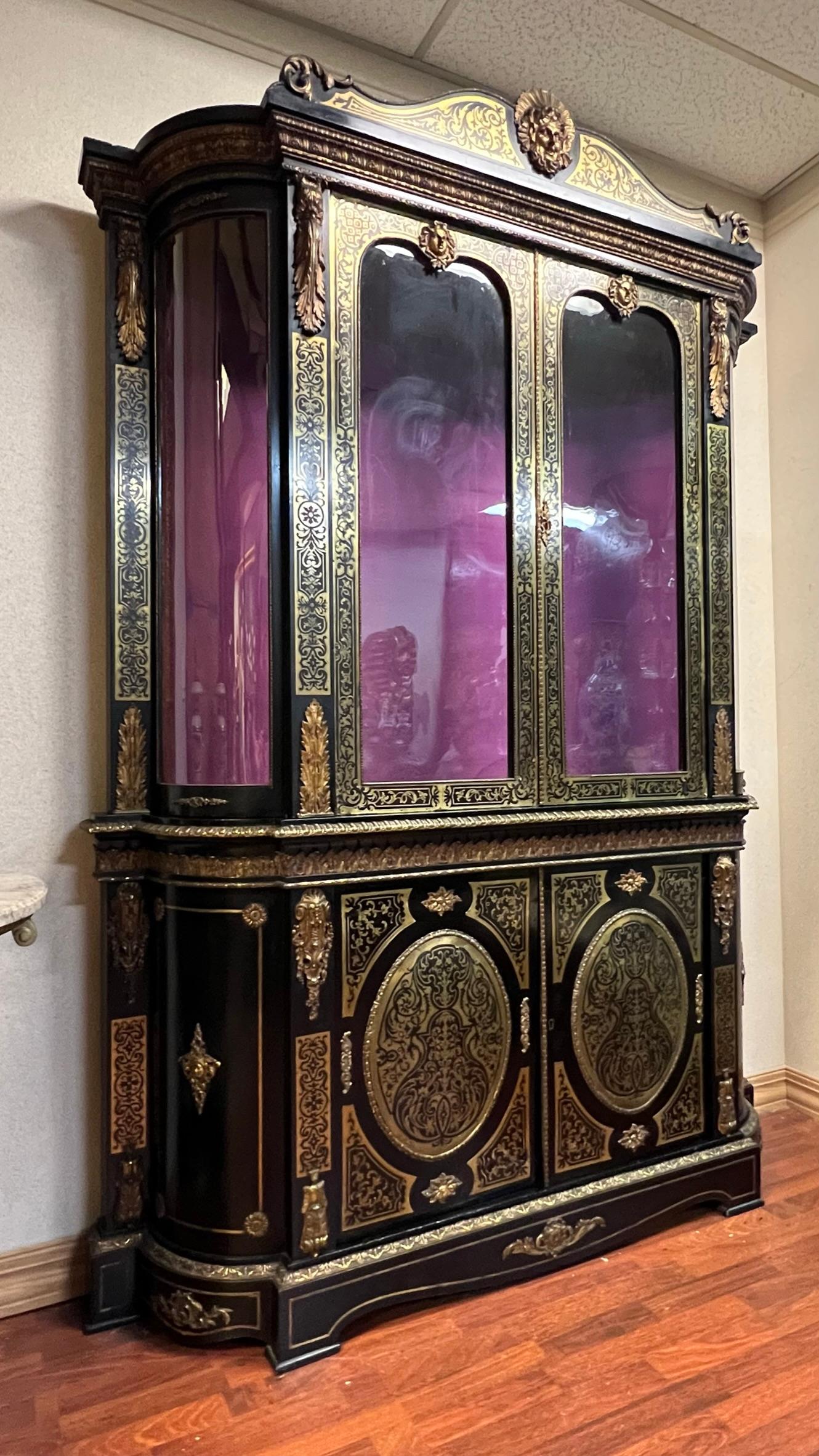 French Boulle Brass inlaid Napoleon III Ebonized Bookcase Cabinet 7