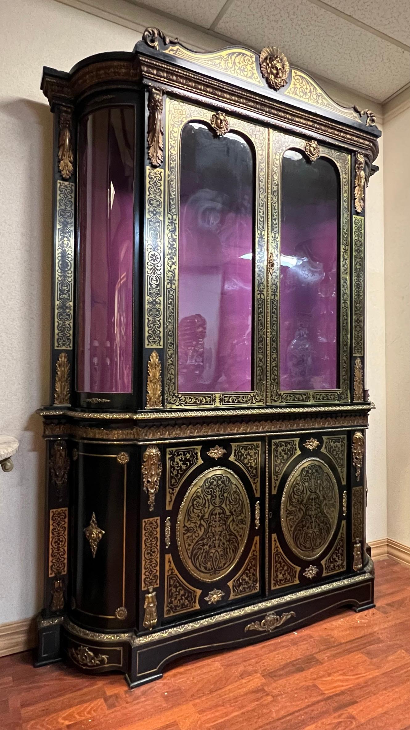 French Boulle Brass inlaid Napoleon III Ebonized Bookcase Cabinet 8